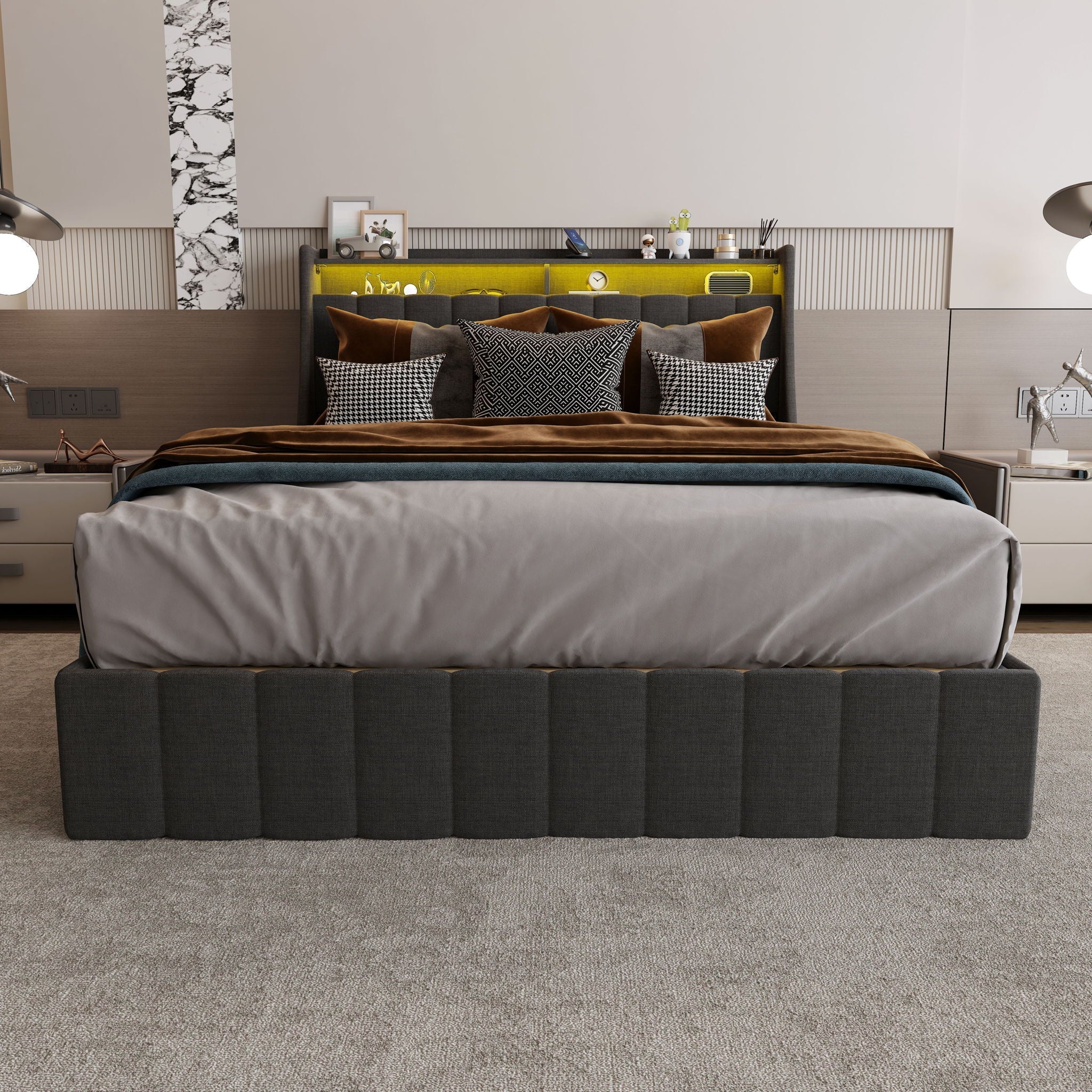 Bed With LED Lights, 4 Drawers, Winged Headboard Upholstered - Image 8