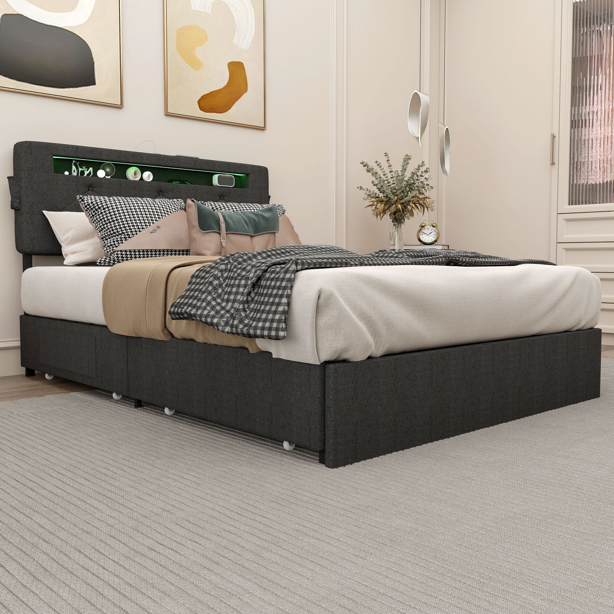 Bed With USB Charging Station, LED Lights, Headboard & Storage Drawers - Image 2