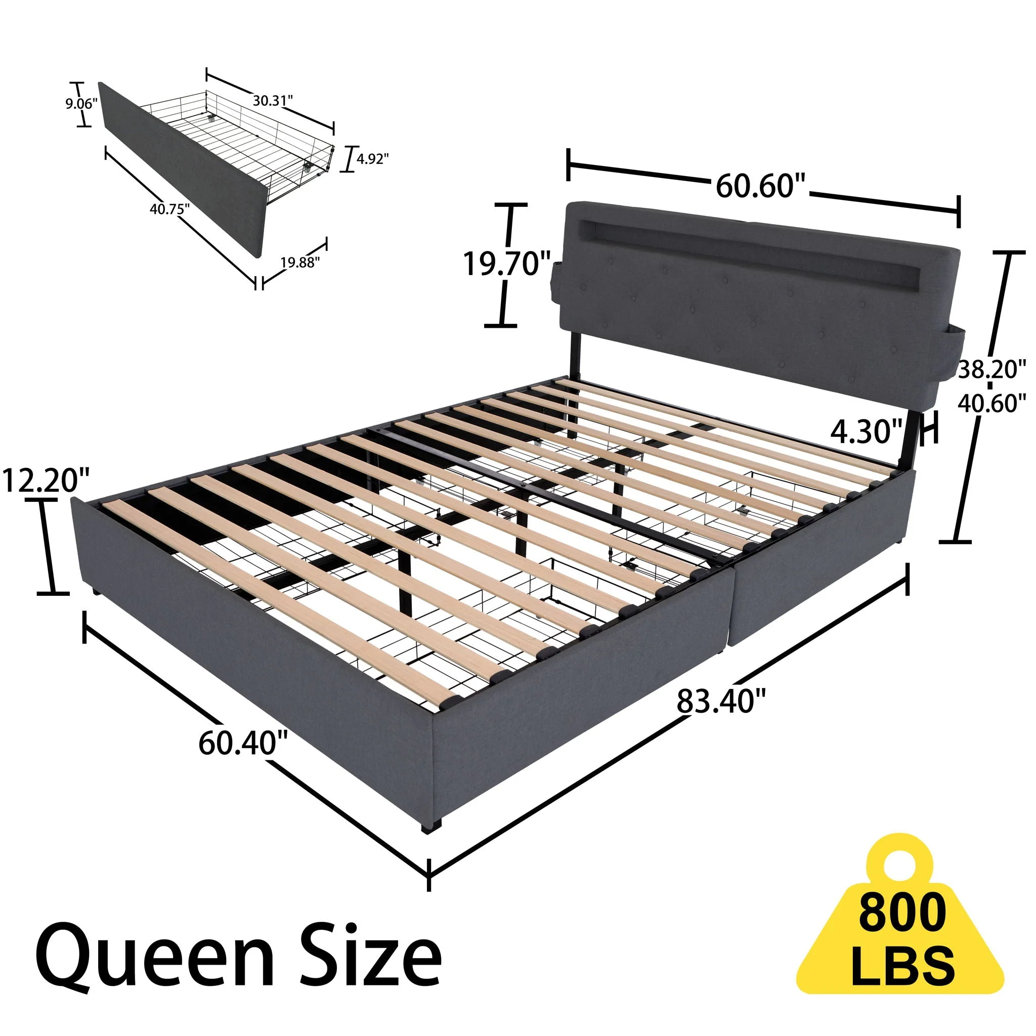 Bed With USB Charging Station, LED Lights, Headboard & Storage Drawers - Image 4