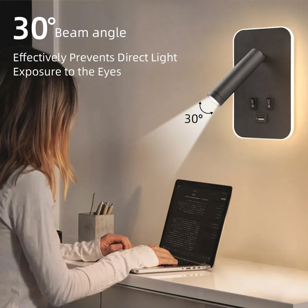 Bedside LED Wall Reading Lamp with USB Port Switch Rotatable Wall Sconce - Image 3