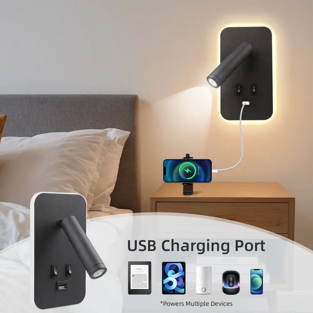 Bedside LED Wall Reading Lamp with USB Port Switch Rotatable Wall Sconce - Image 4
