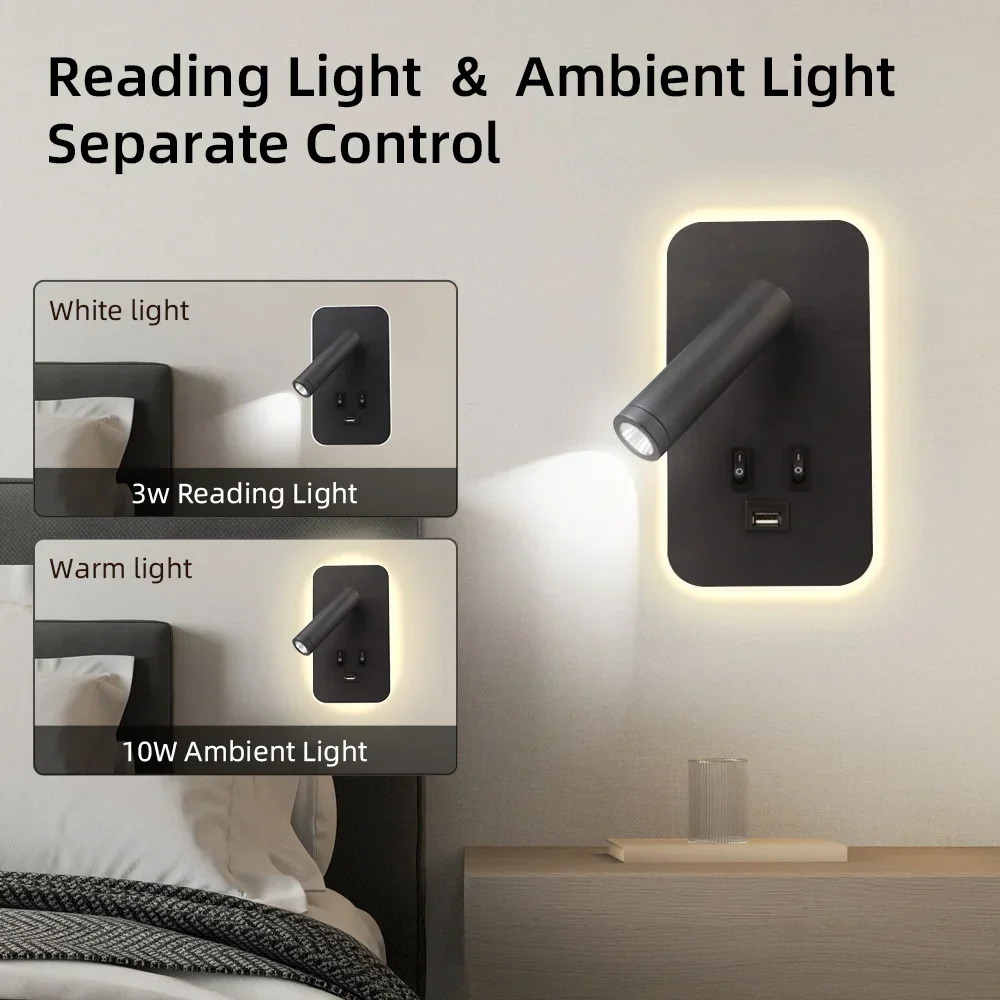Bedside LED Wall Reading Lamp with USB Port Switch Rotatable Wall Sconce - Image 5