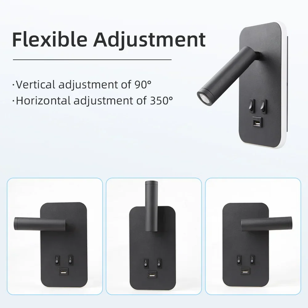 Bedside LED Wall Reading Lamp with USB Port Switch Rotatable Wall Sconce - Image 7