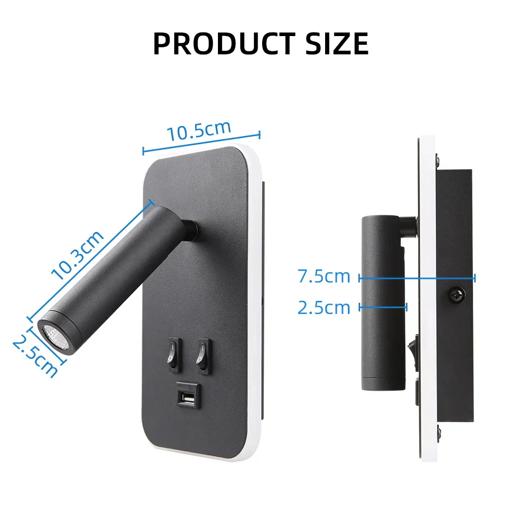 Bedside LED Wall Reading Lamp with USB Port Switch Rotatable Wall Sconce - Image 8