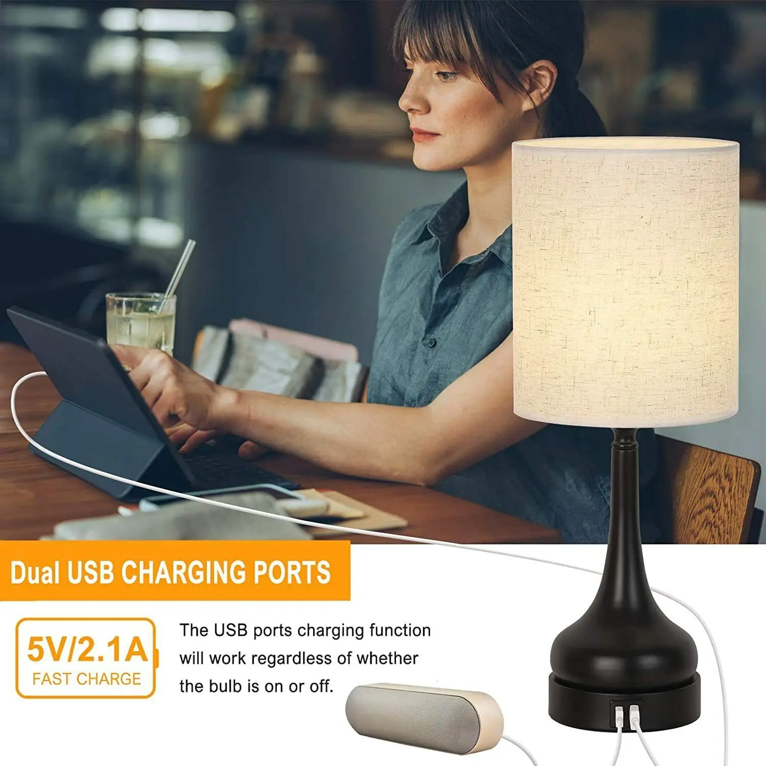 Bedside Table Lamp Set of 2 Touch Control Lamps with USB Charging for Bedroom - Image 3
