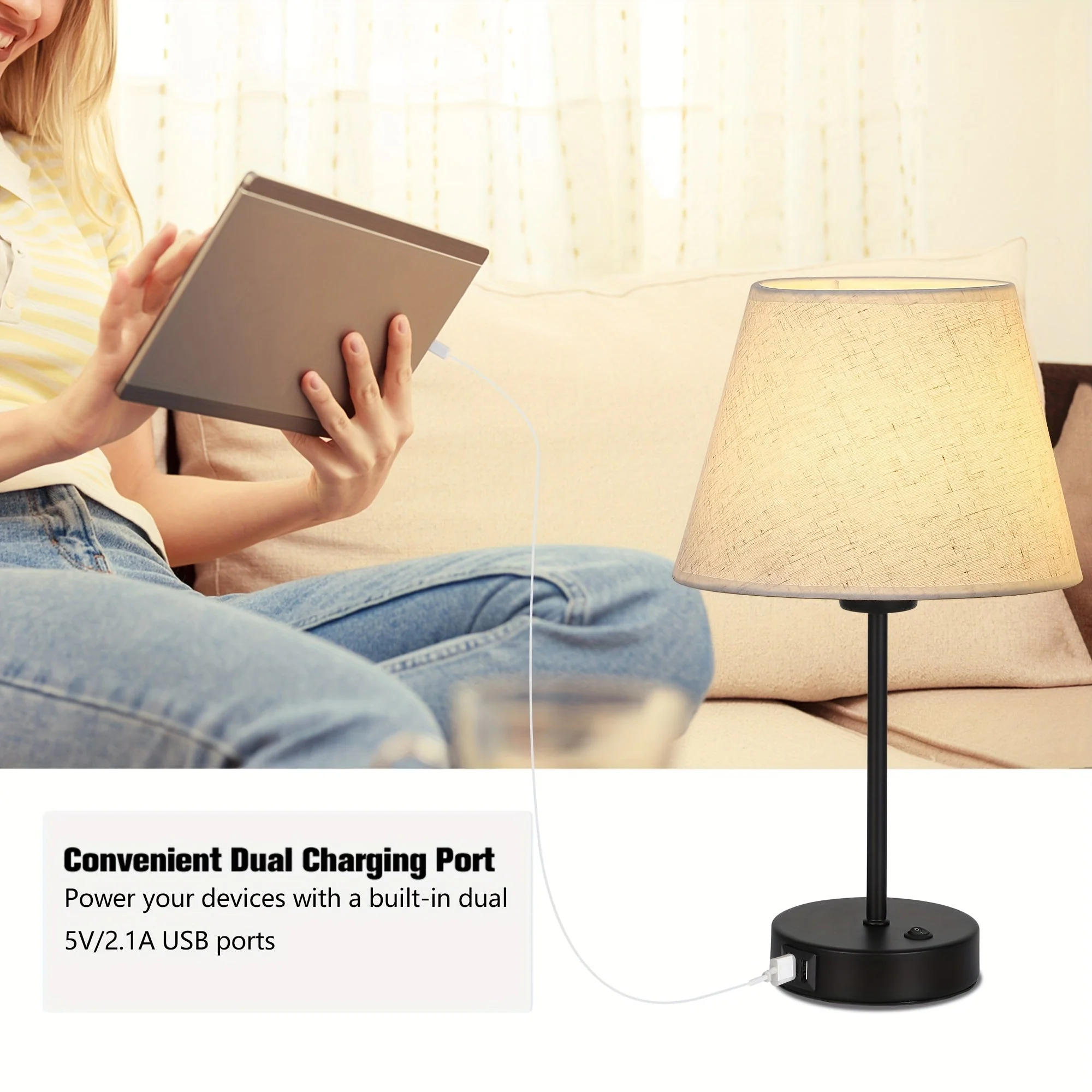 Bedside Table Lamps Set of 2 with USB Ports for Bedroom Nightstand Lighting - Image 3