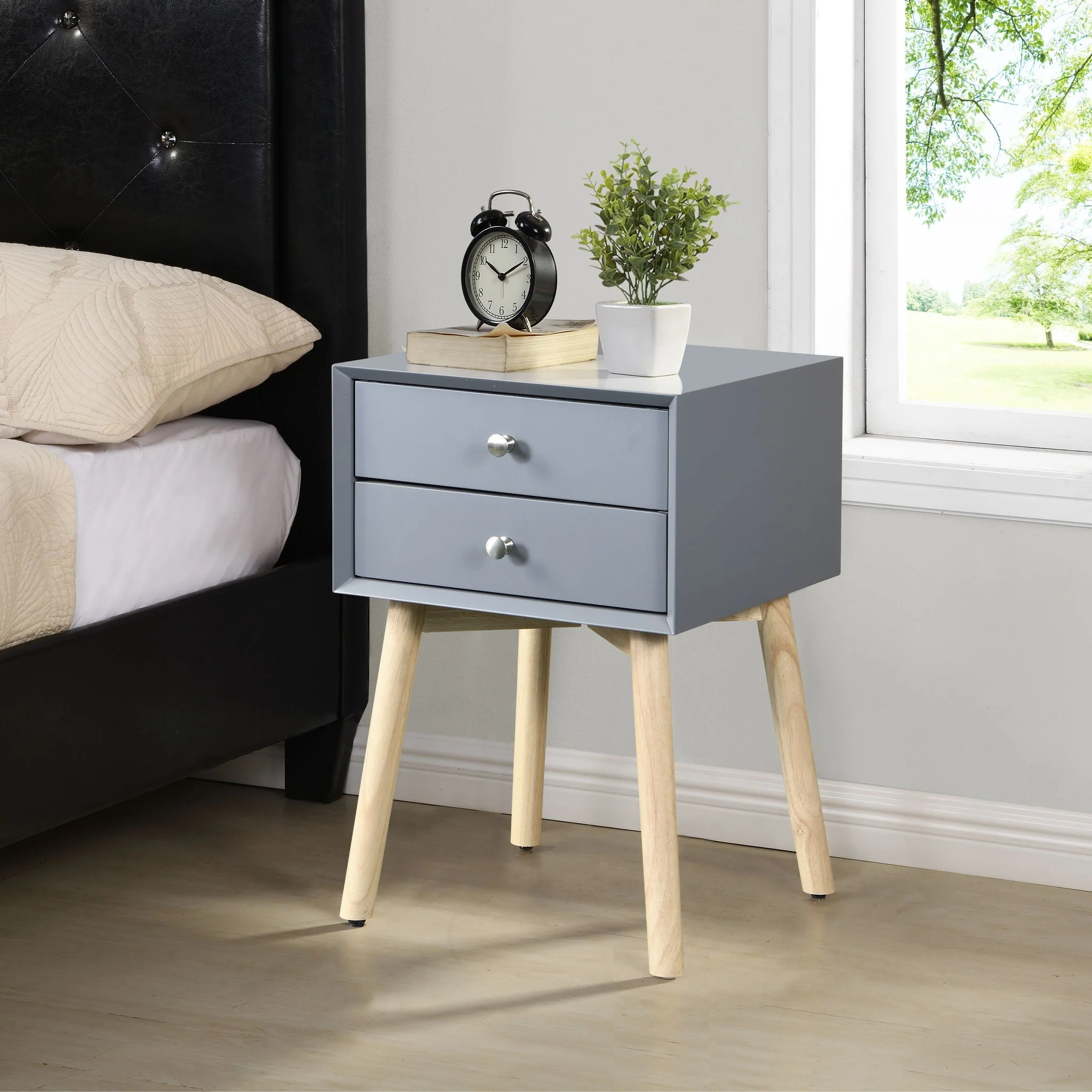 Bedside Table With 2 Drawers Mid-Century Modern Storage Cabinet For Bedroom - Image 2