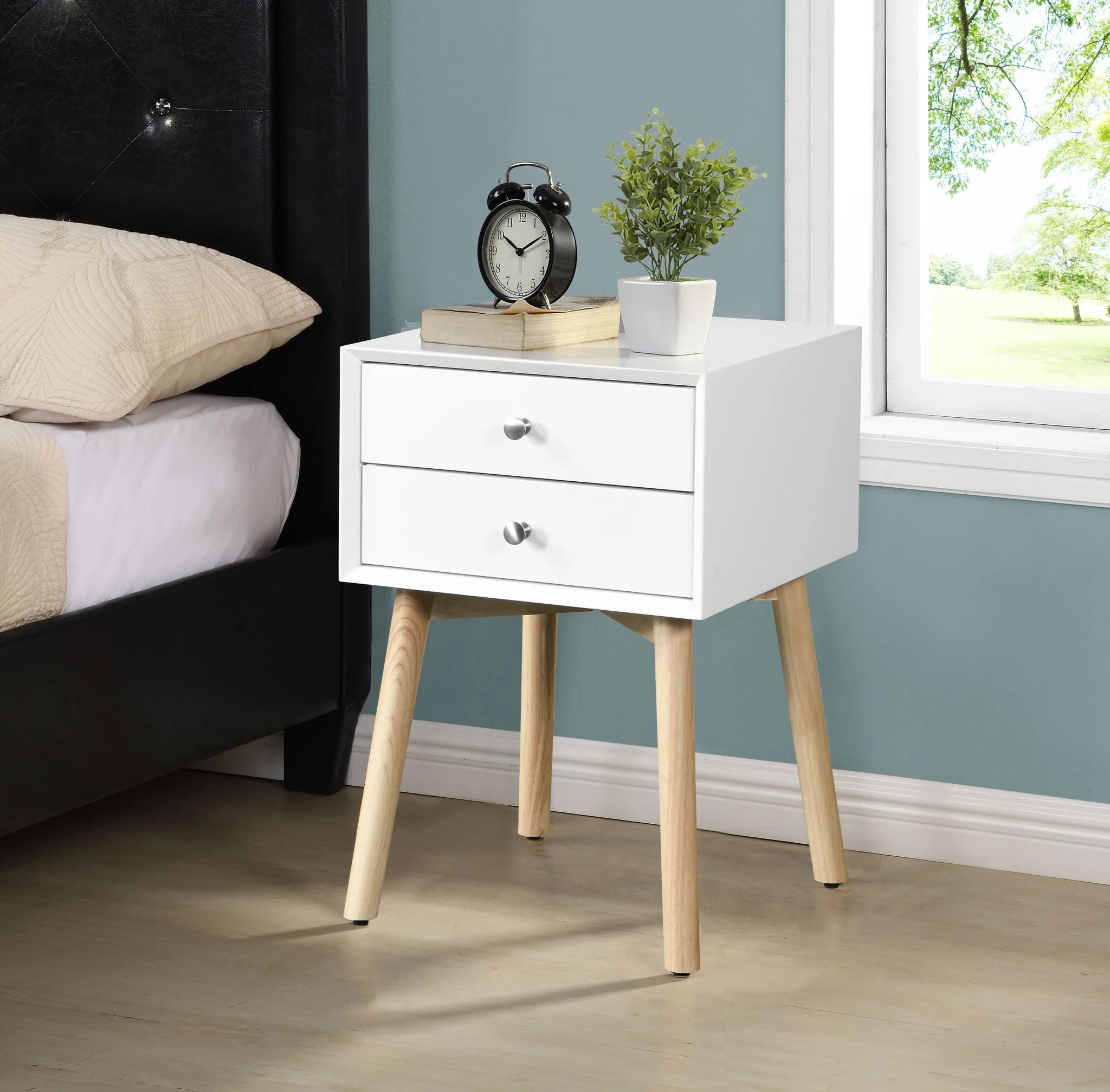 Bedside Table With 2 Drawers Mid-Century Modern Storage Cabinet For Bedroom - Image 3