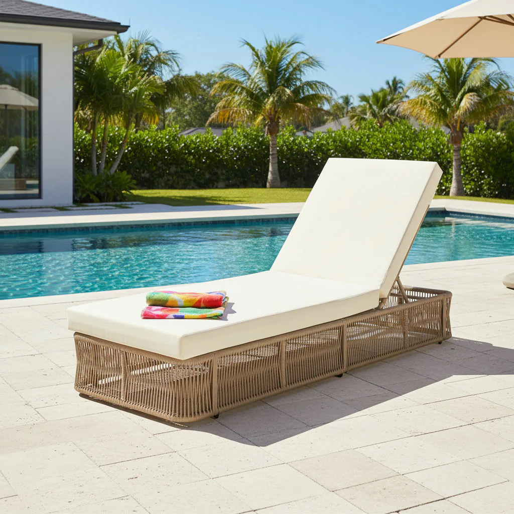 Beige and White Adjustable Sunlounge with Woven Rope Base - Image 16
