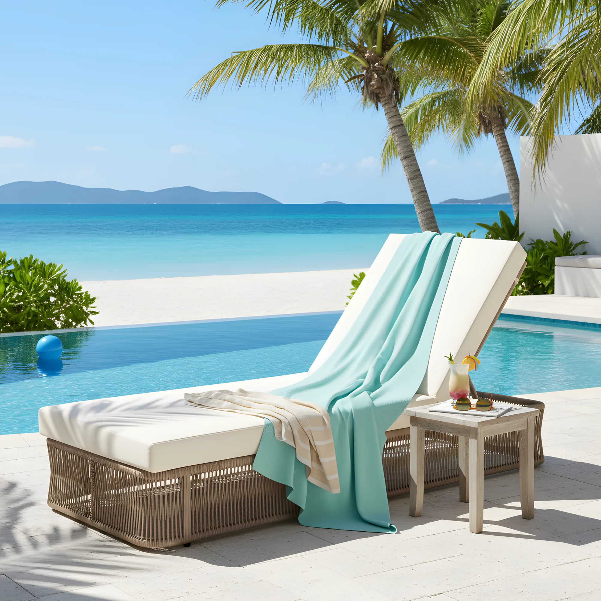 Beige and White Adjustable Sunlounge with Woven Rope Base - Image 17