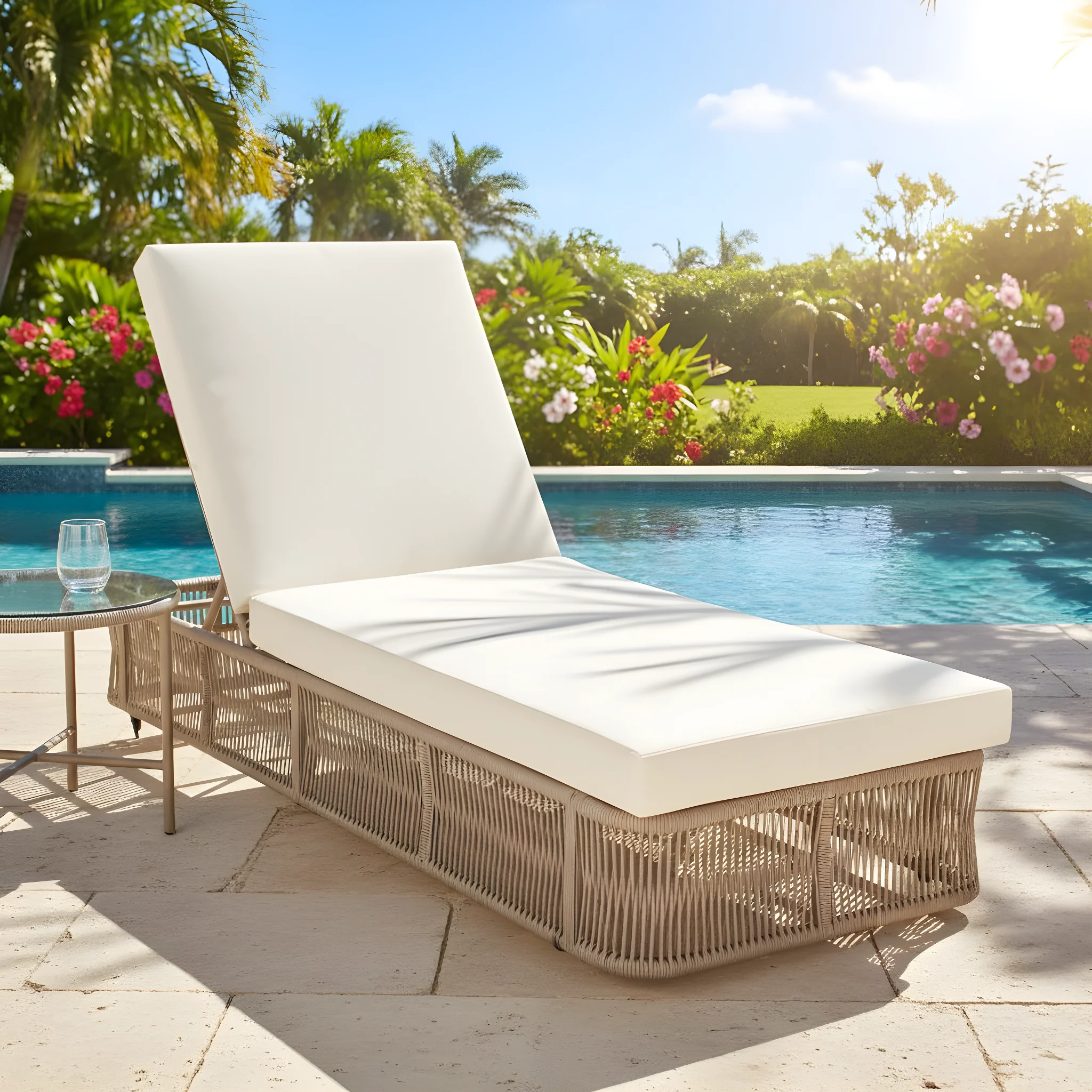 Beige and White Adjustable Sunlounge with Woven Rope Base - Image 18