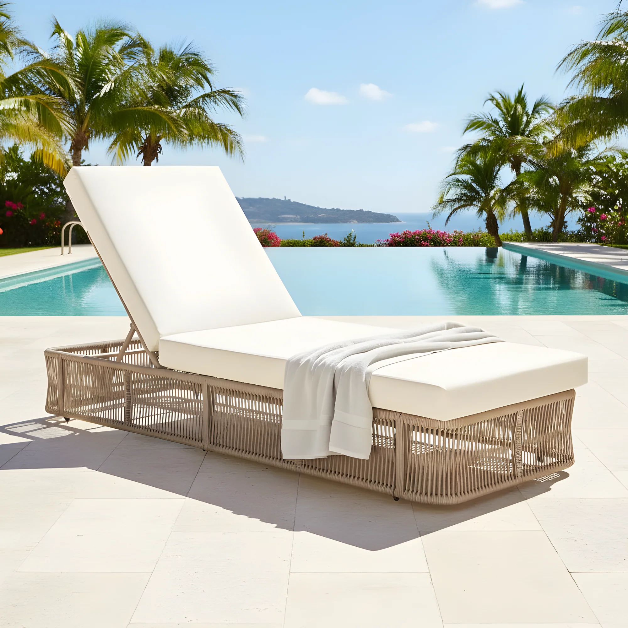 Beige and White Adjustable Sunlounge with Woven Rope Base - Image 22
