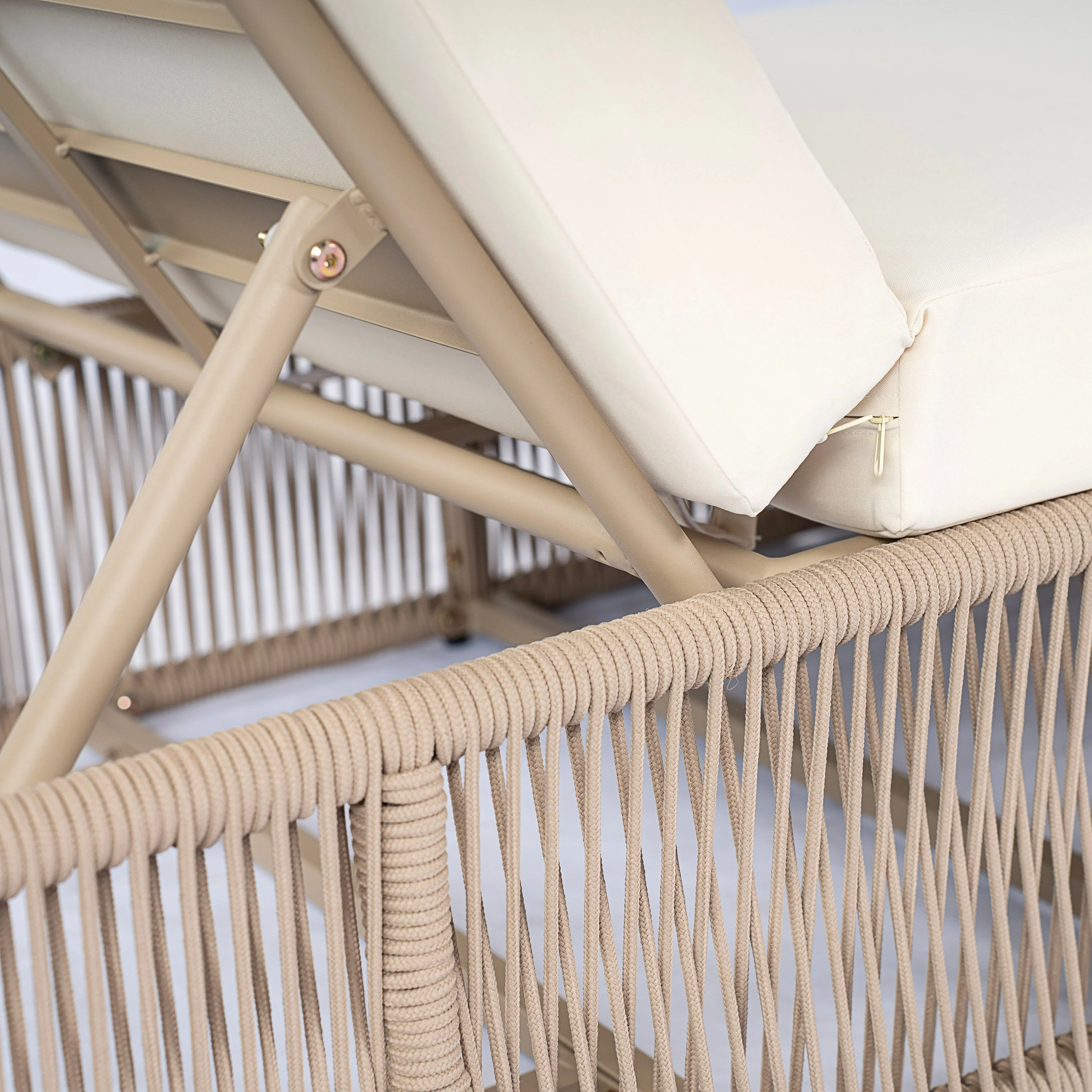 Beige and White Adjustable Sunlounge with Woven Rope Base - Image 23
