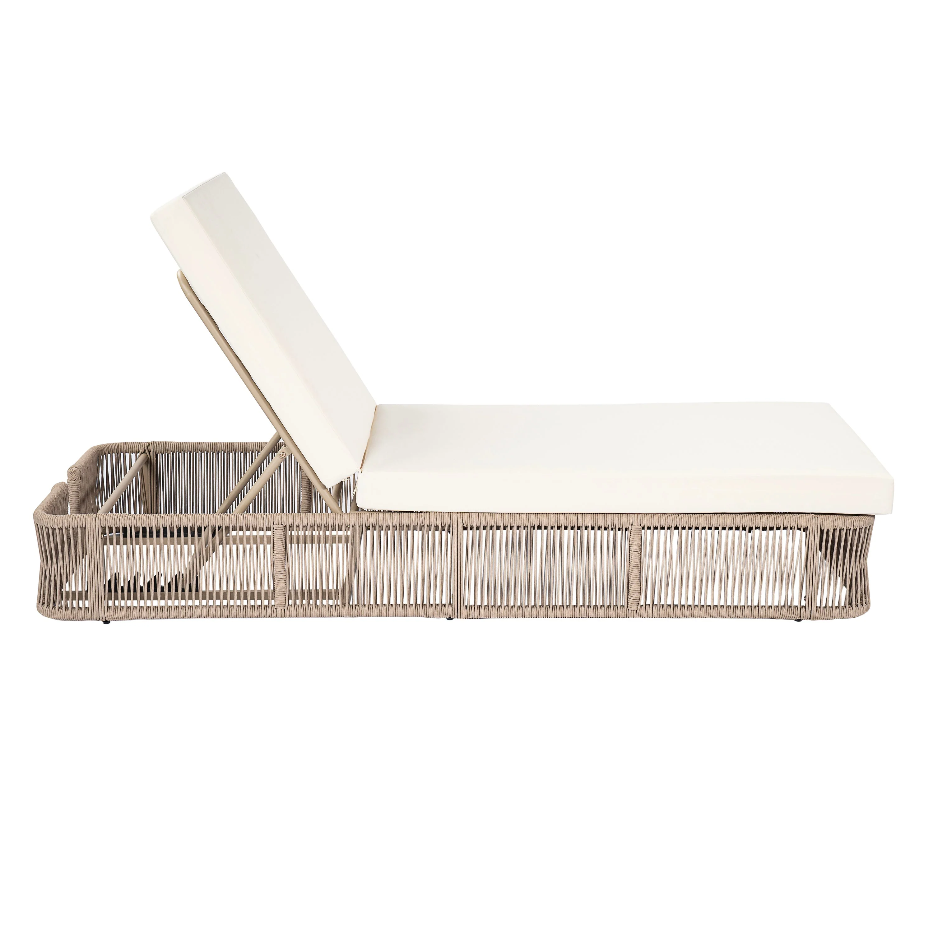 Beige and White Adjustable Sunlounge with Woven Rope Base - Image 4