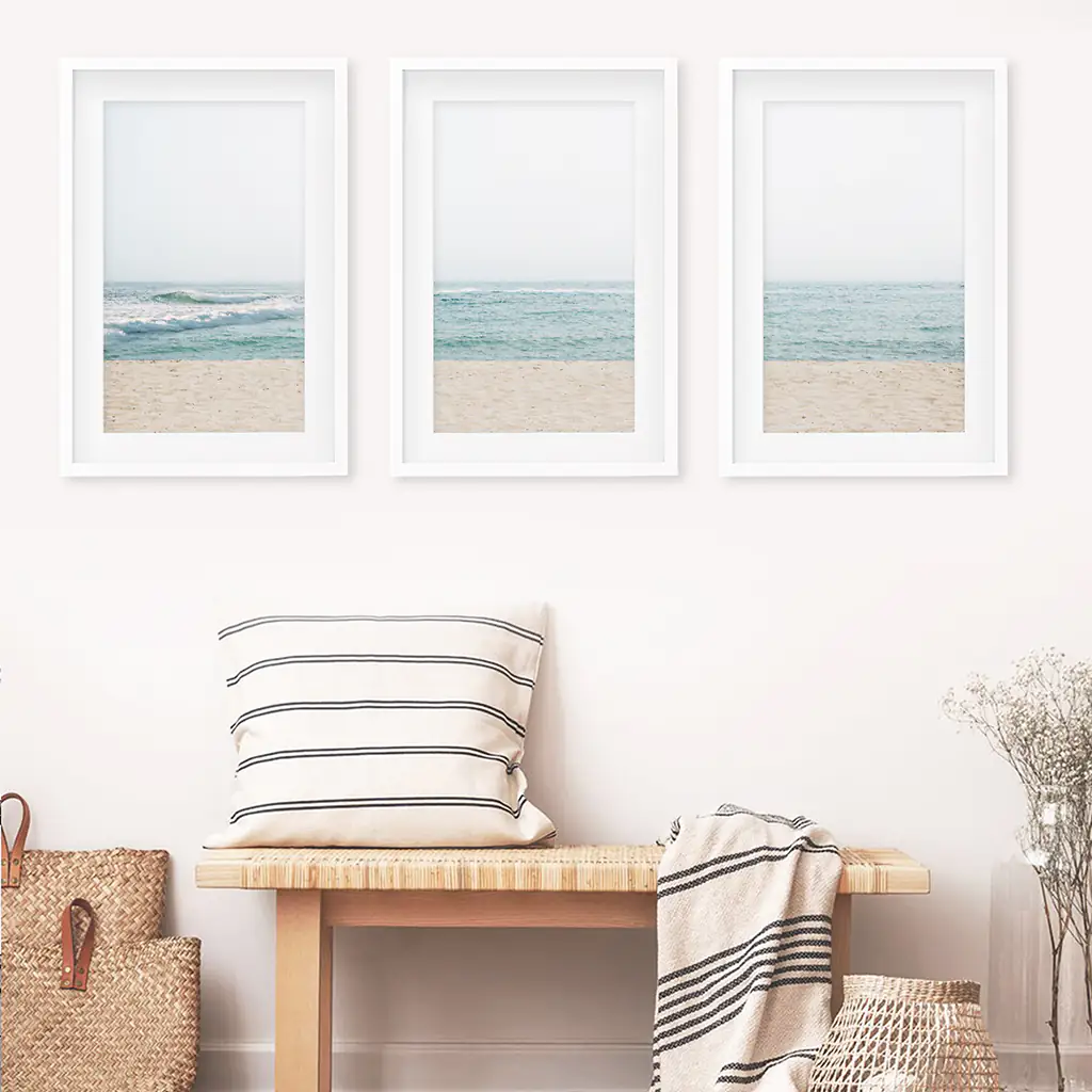Beige Blue Minimalist Seashore Photo. 3 Piece Wall Art - Image 4