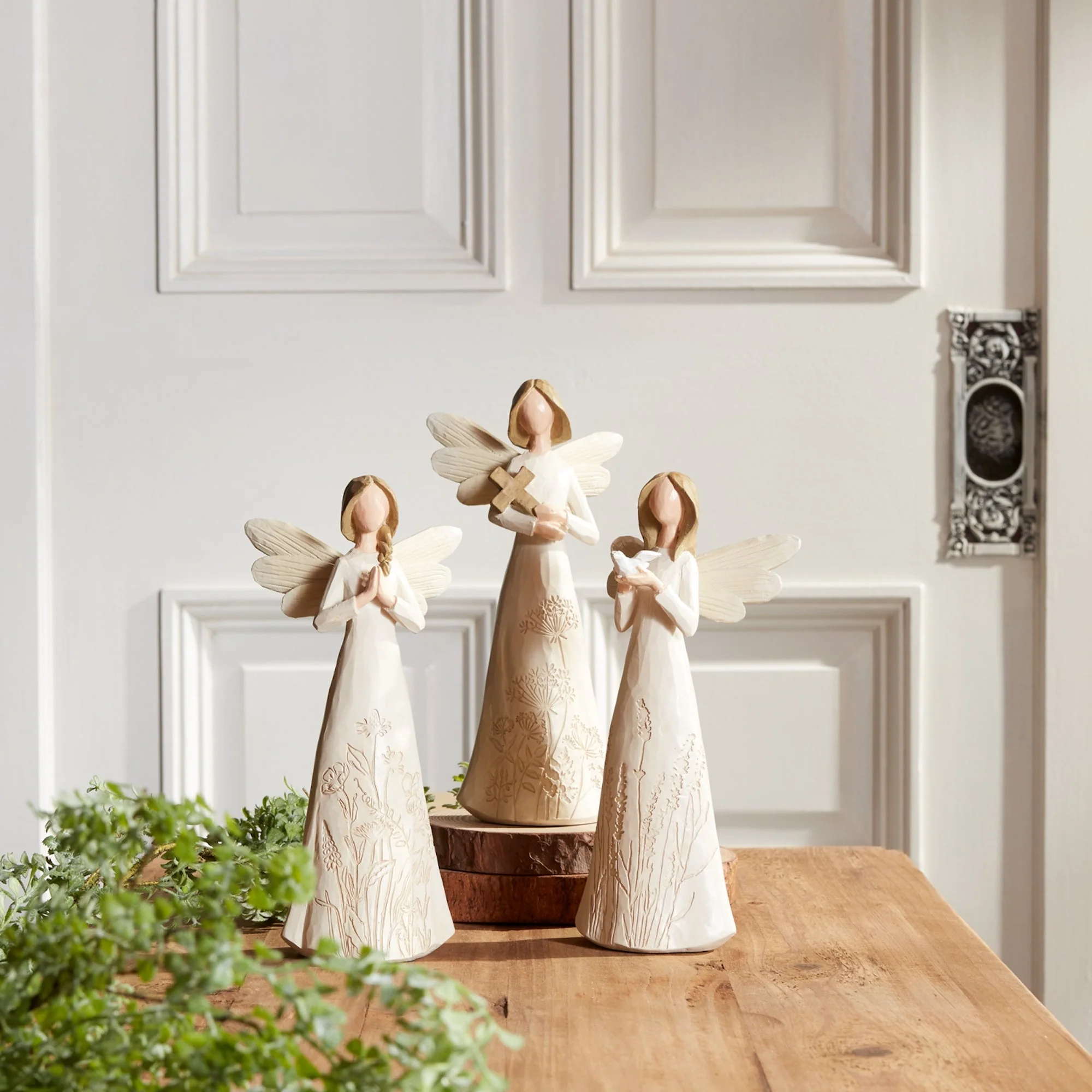 Beige Floral Etched Angel Figurine (Set of 3) - Image 2