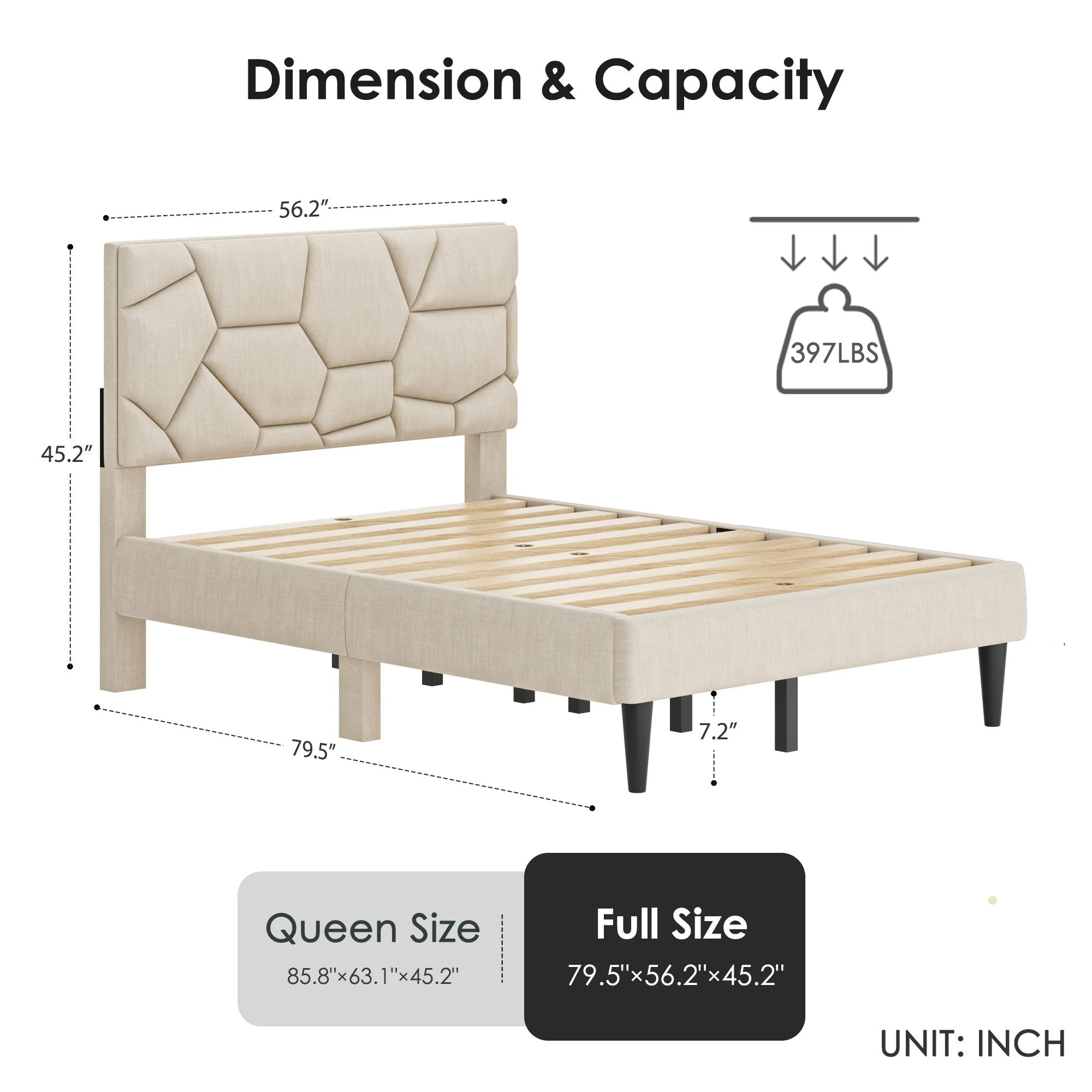 Beige Linen Full Bed Frame – Sturdy Platform Bed With Storage - Image 3