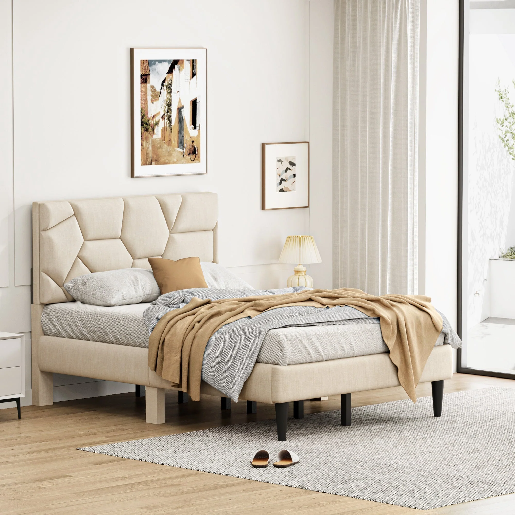 Beige Linen Full Bed Frame – Sturdy Platform Bed With Storage - Image 4