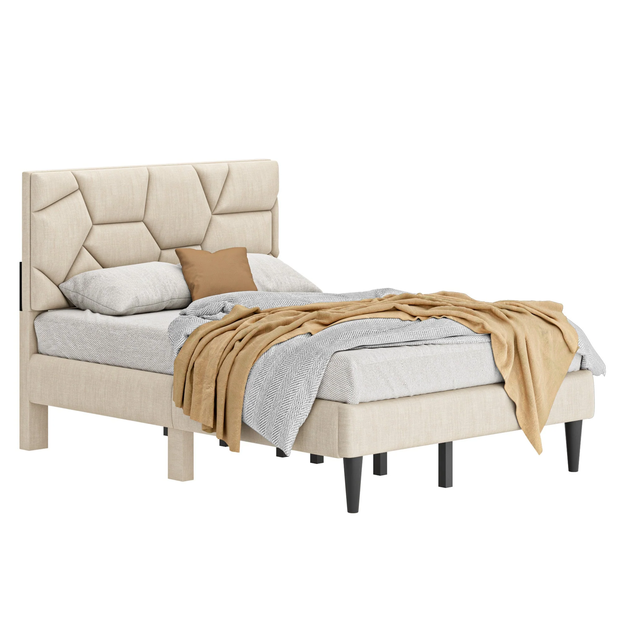 Beige Linen Full Bed Frame – Sturdy Platform Bed With Storage - Image 7