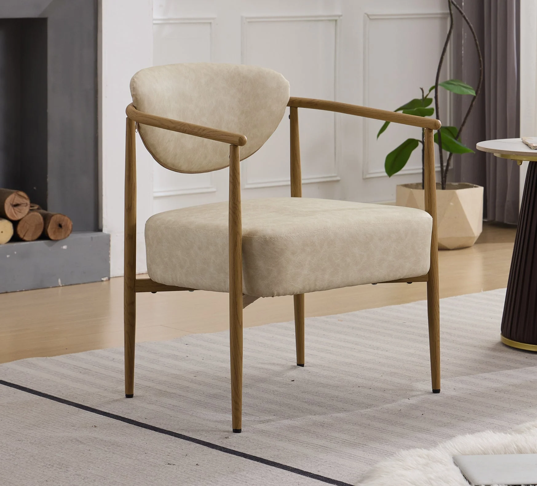 Beige PU Leather Dining Room Chair with Metal Frame - Image 2