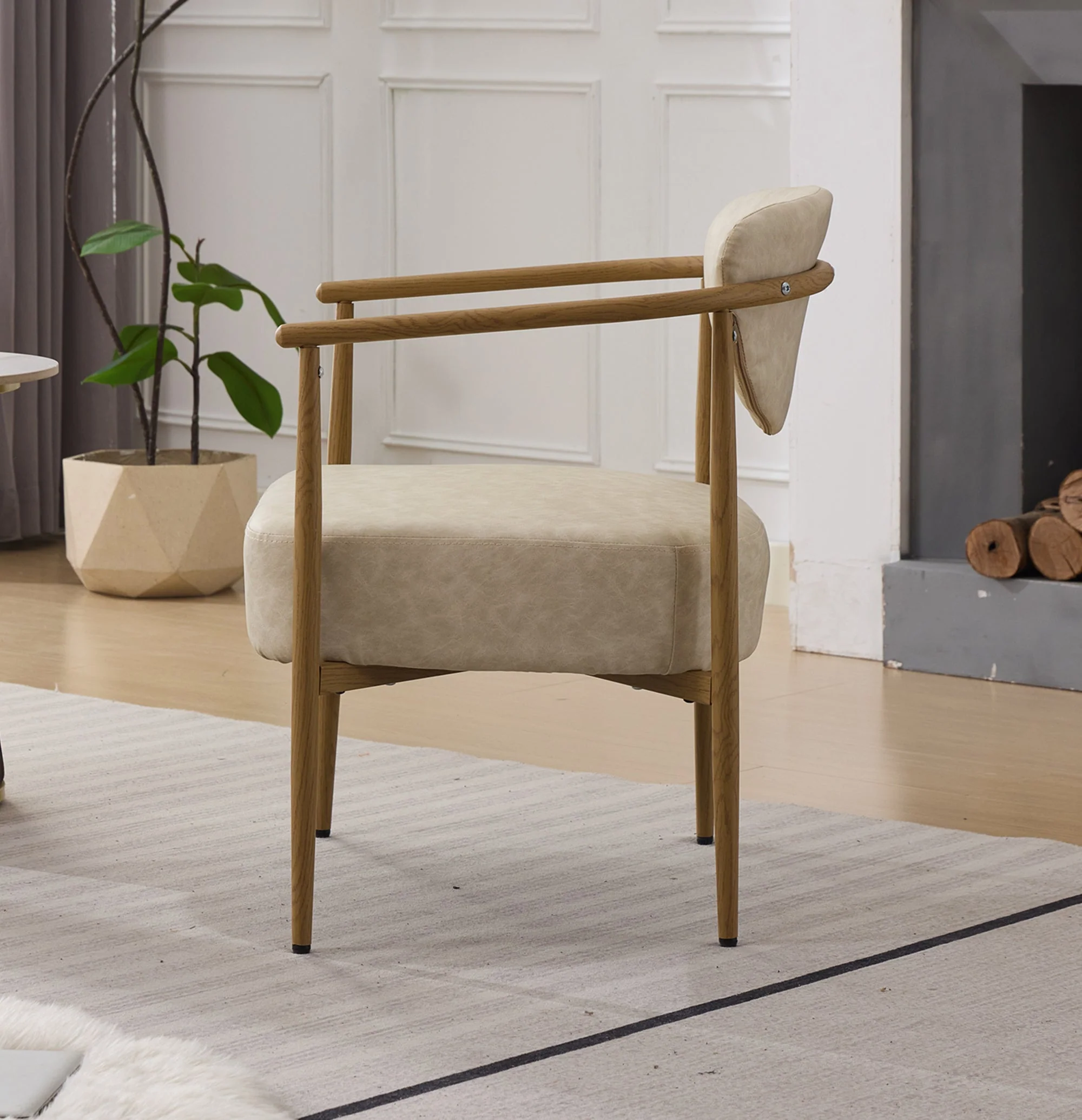 Beige PU Leather Dining Room Chair with Metal Frame - Image 3