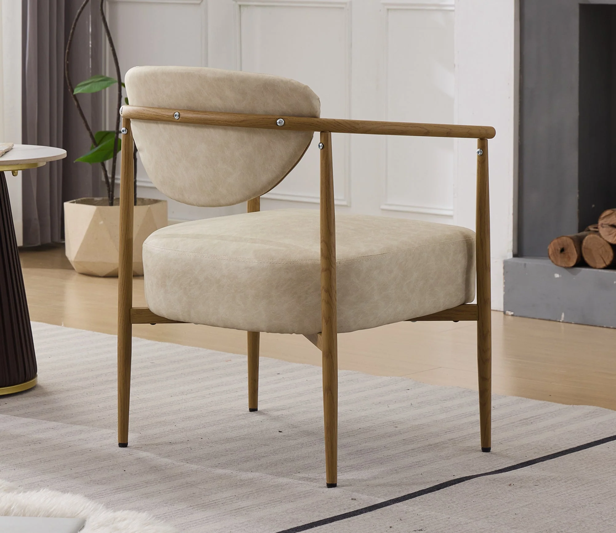 Beige PU Leather Dining Room Chair with Metal Frame - Image 4