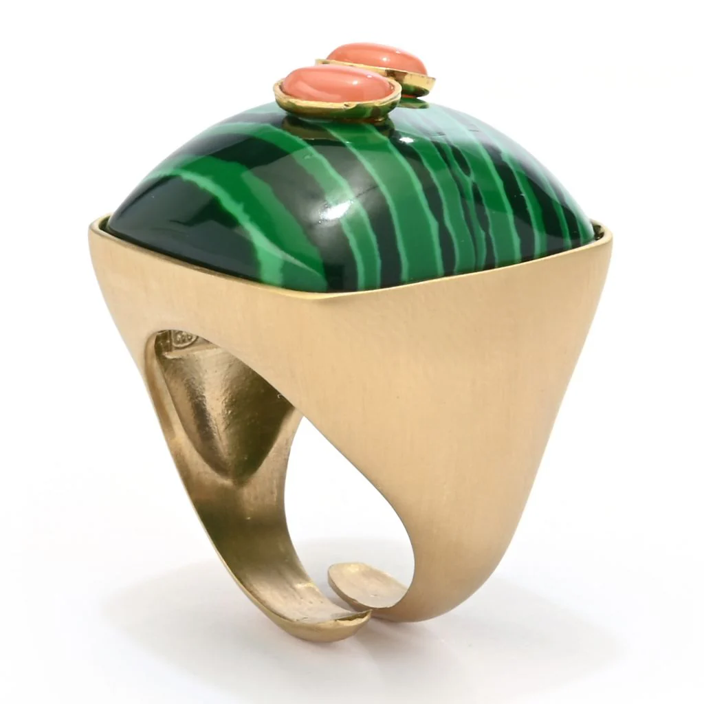Bello Italiano 18K Gold Plated 23mm Malachite & Rose Coral Statement Ring - Image 2