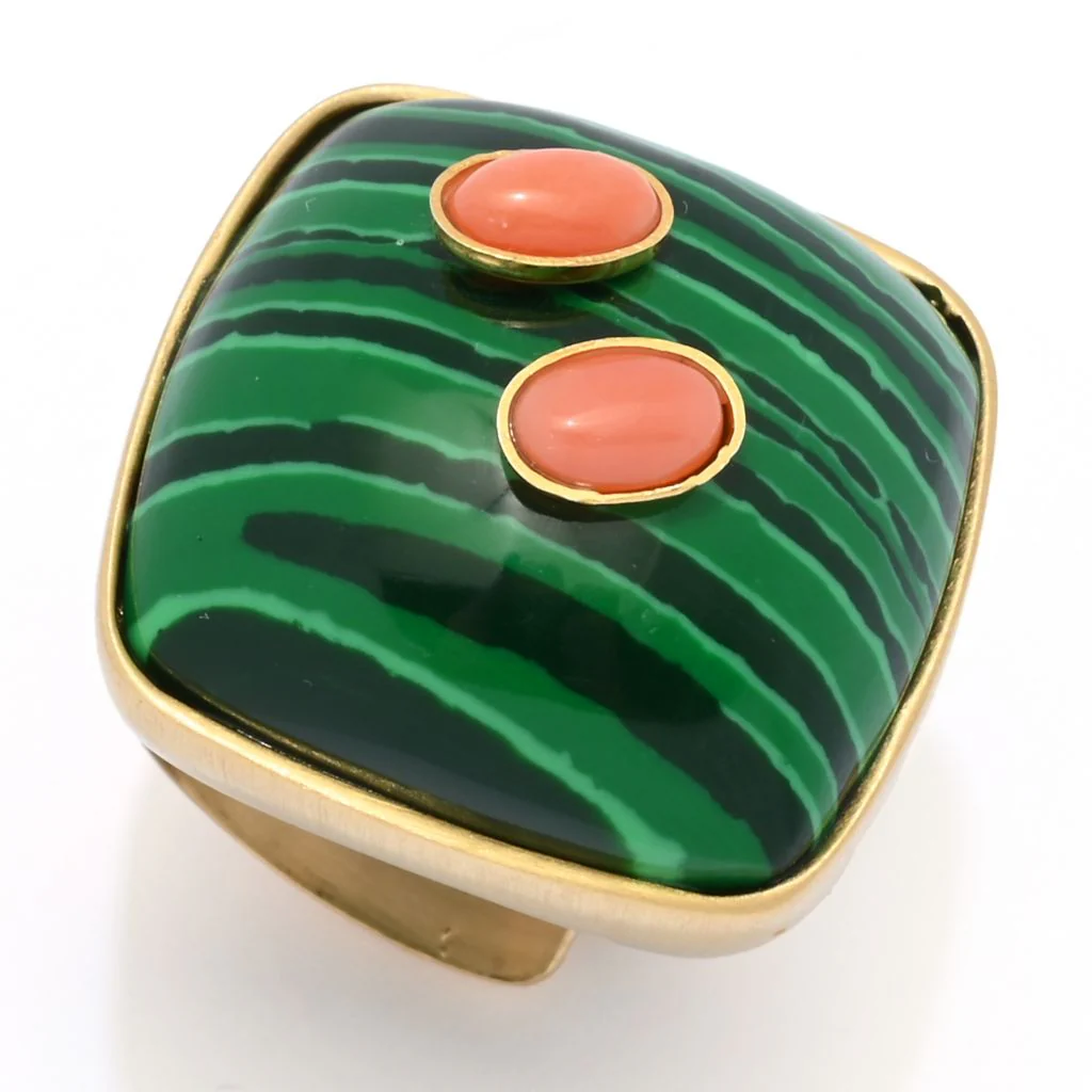 Bello Italiano 18K Gold Plated 23mm Malachite & Rose Coral Statement Ring - Image 5