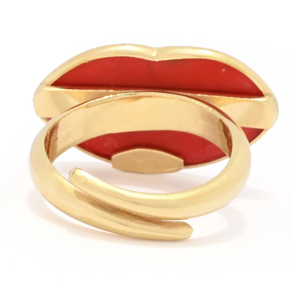 Bello Italiano 18K Gold Plated "Rossetto" Red Coral Lips Ring - Image 2