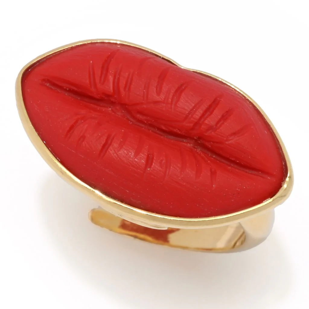 Bello Italiano 18K Gold Plated "Rossetto" Red Coral Lips Ring - Image 4