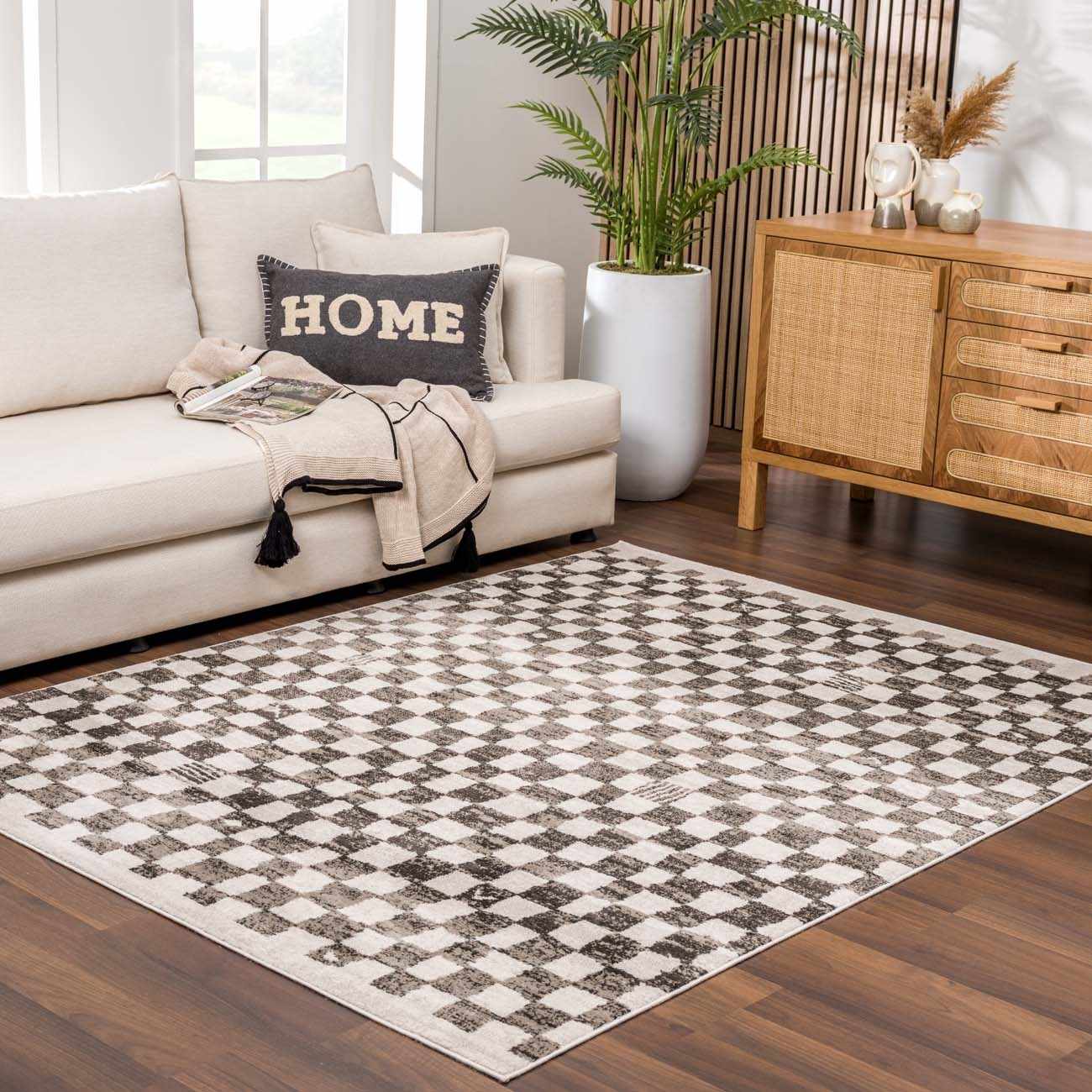 Benjy Cream & Charcoal Checkered Area Rug - Image 2
