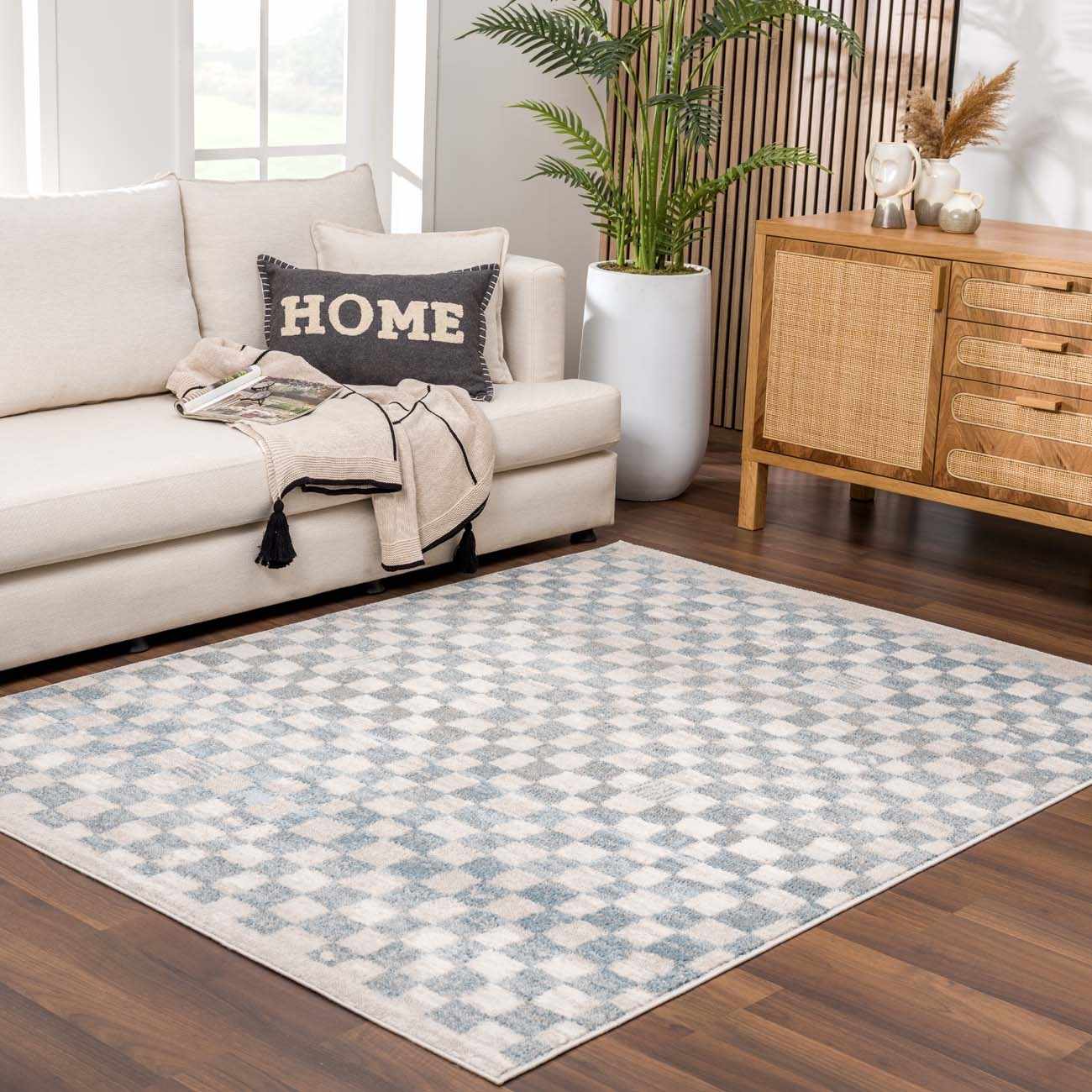 Benjy Cream & Light Blue Checkered Area Rug - Image 2