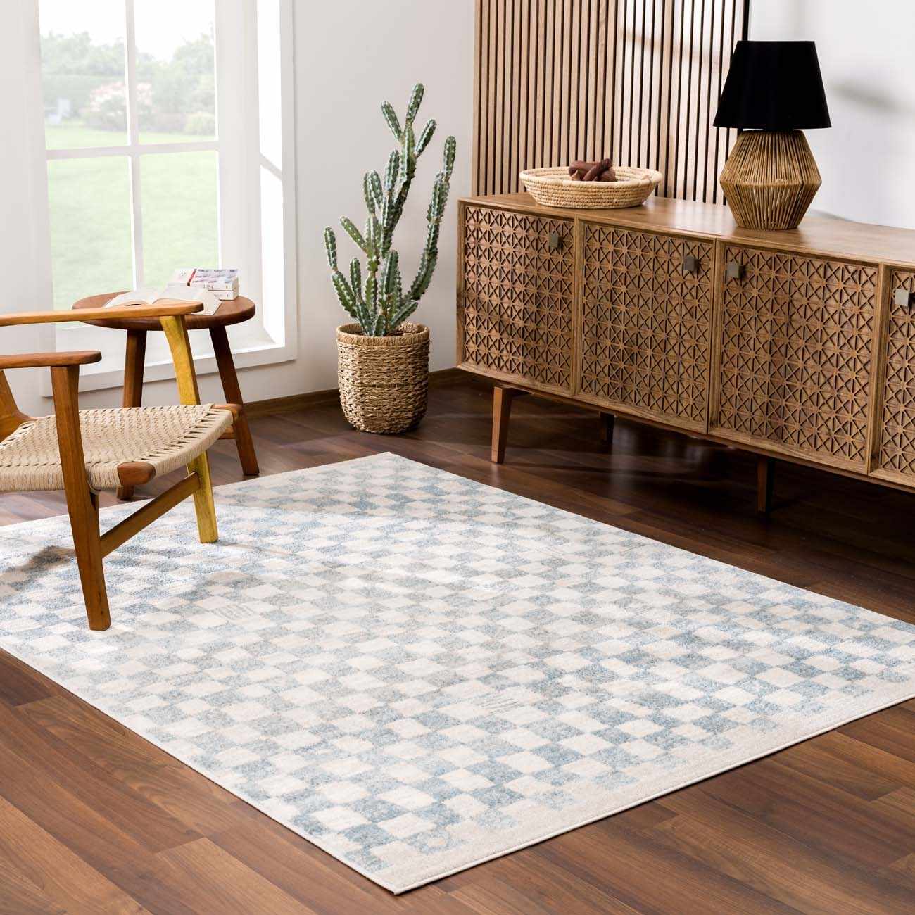 Benjy Cream & Light Blue Checkered Area Rug - Image 3