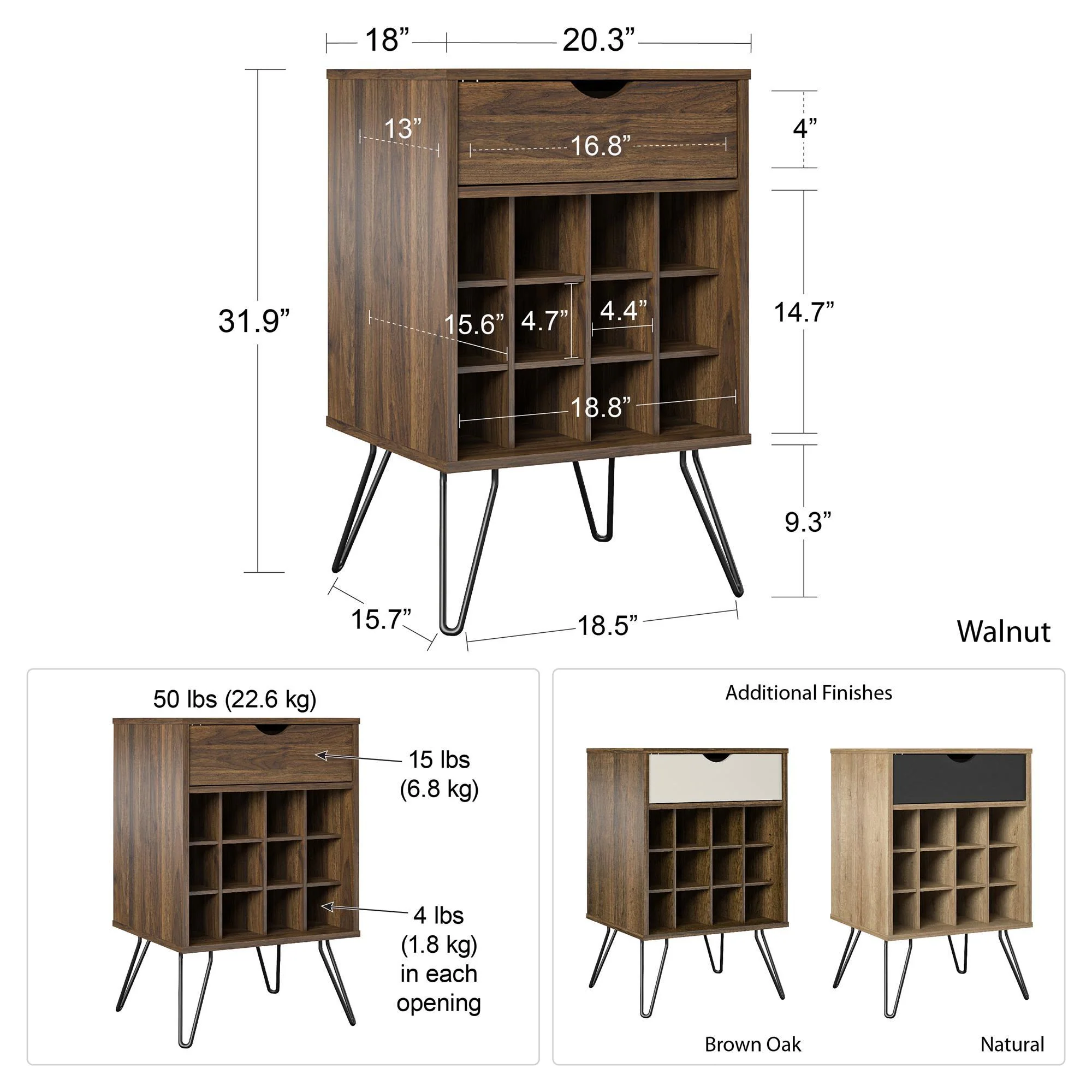 Beverage Storage Stand With 12 Bottle Cubbies And Drawer - Brown Oak - Image 2