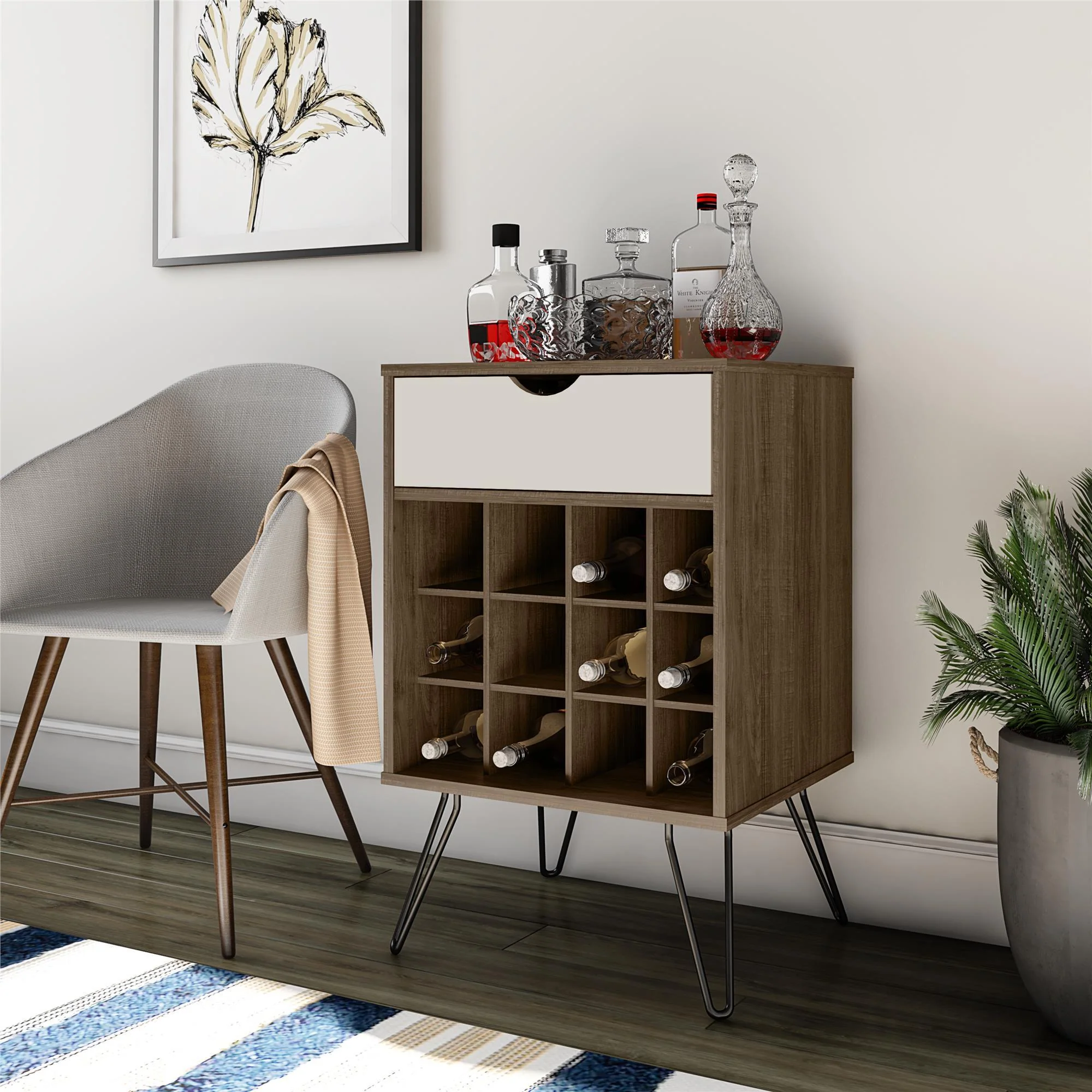 Beverage Storage Stand With 12 Bottle Cubbies And Drawer - Brown Oak - Image 4