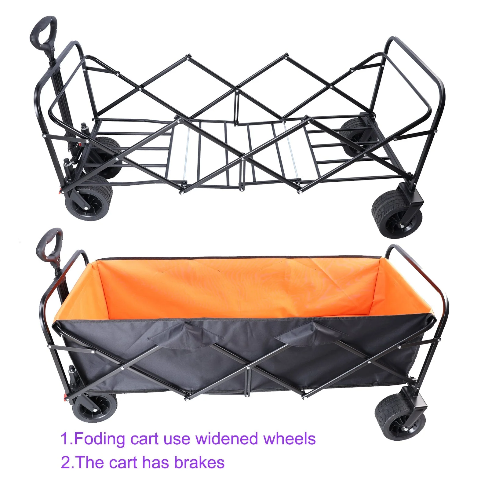 Big Large Capacity Folding Wagon Cart with Extender (Black + Orange) - Image 13