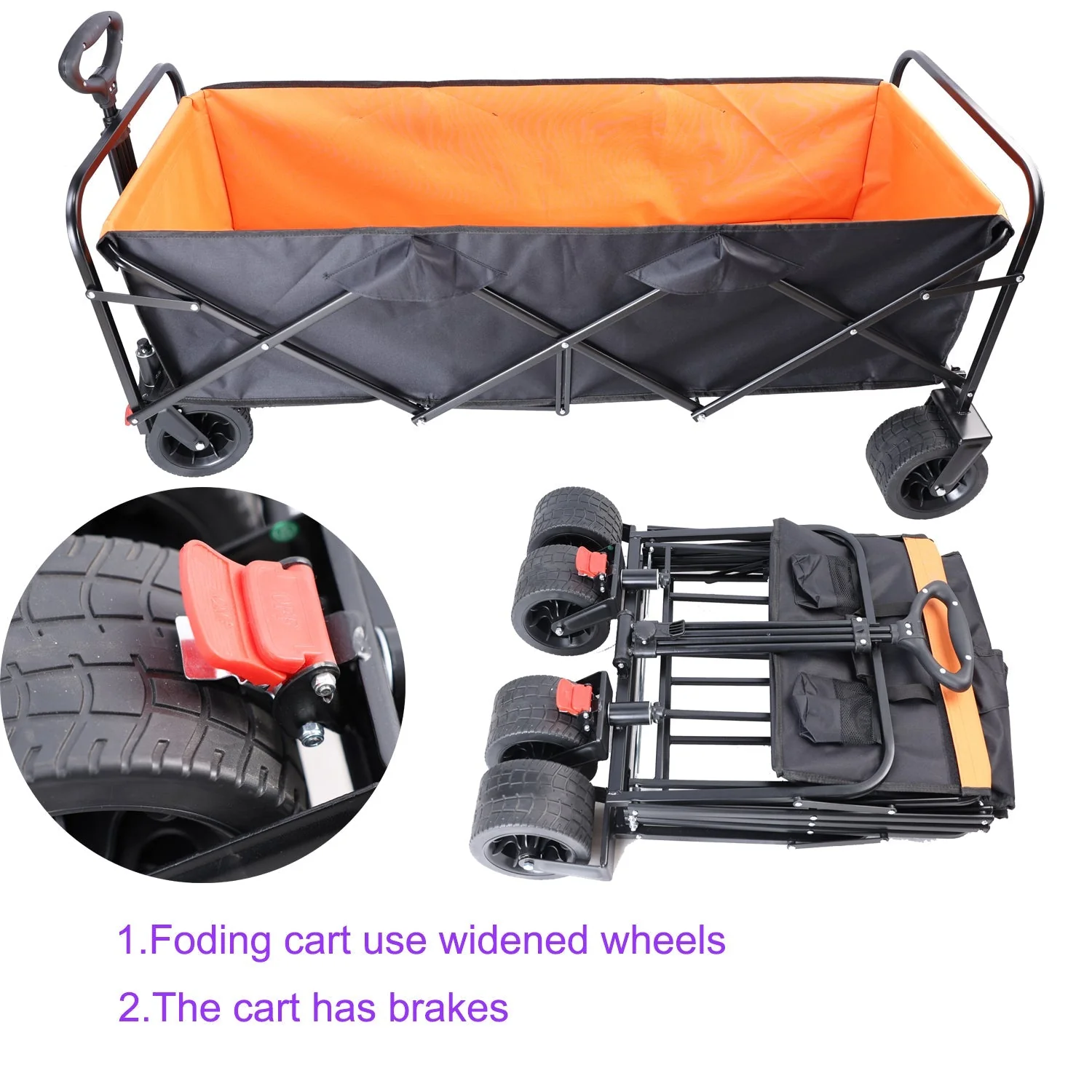 Big Large Capacity Folding Wagon Cart with Extender (Black + Orange) - Image 14