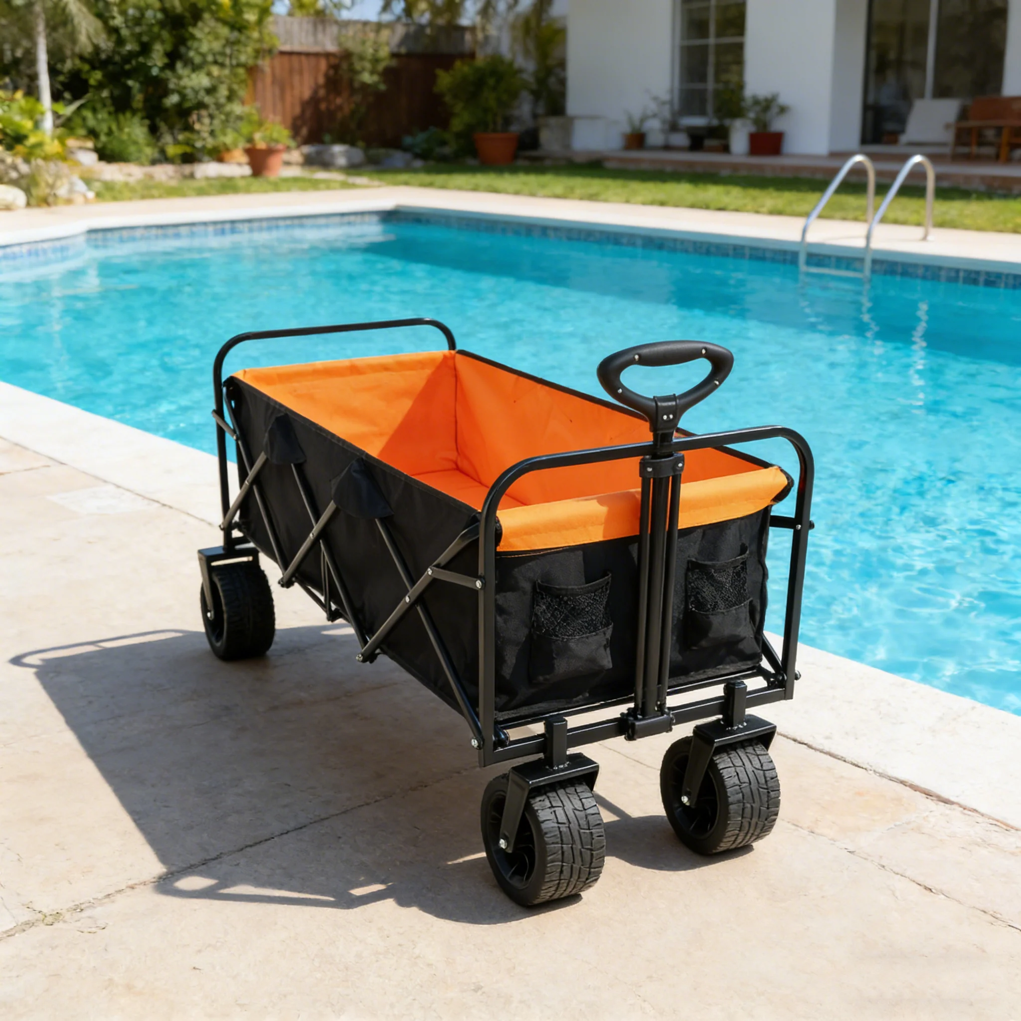 Big Large Capacity Folding Wagon Cart with Extender (Black + Orange) - Image 2