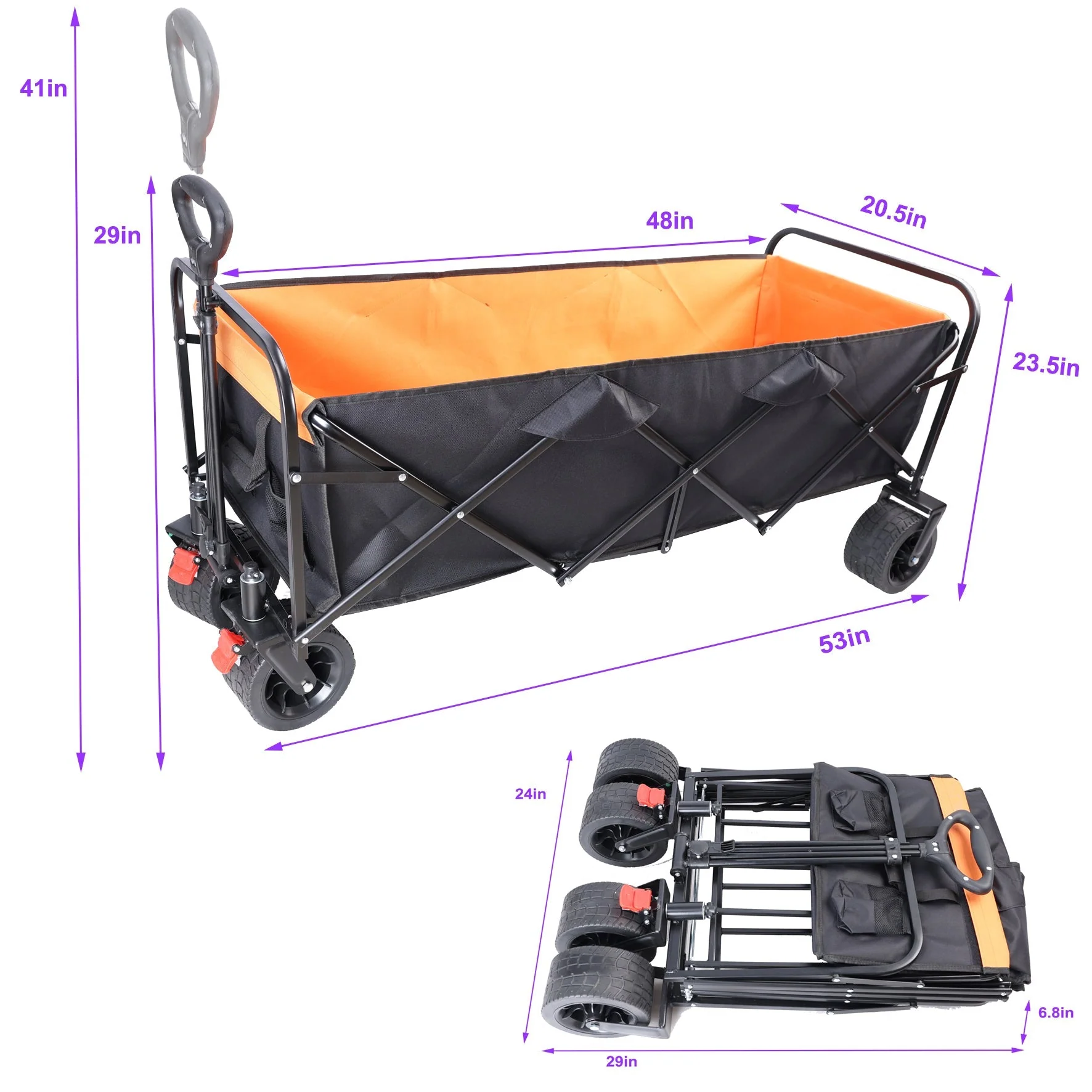 Big Large Capacity Folding Wagon Cart with Extender (Black + Orange) - Image 22