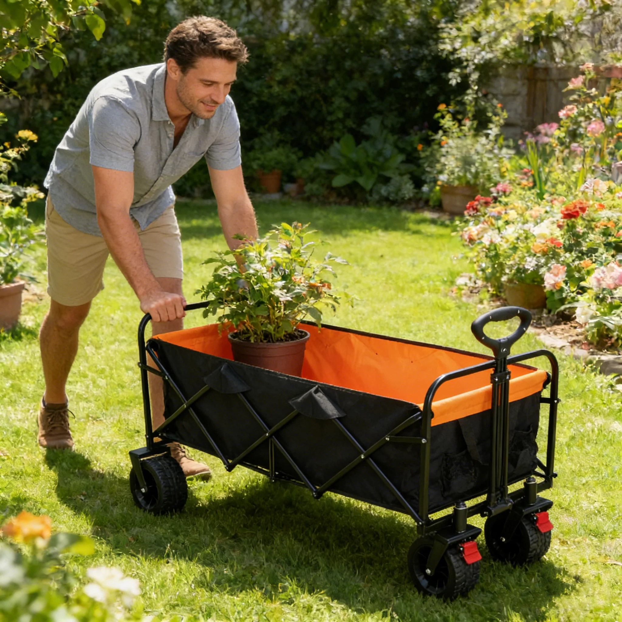 Big Large Capacity Folding Wagon Cart with Extender (Black + Orange) - Image 3