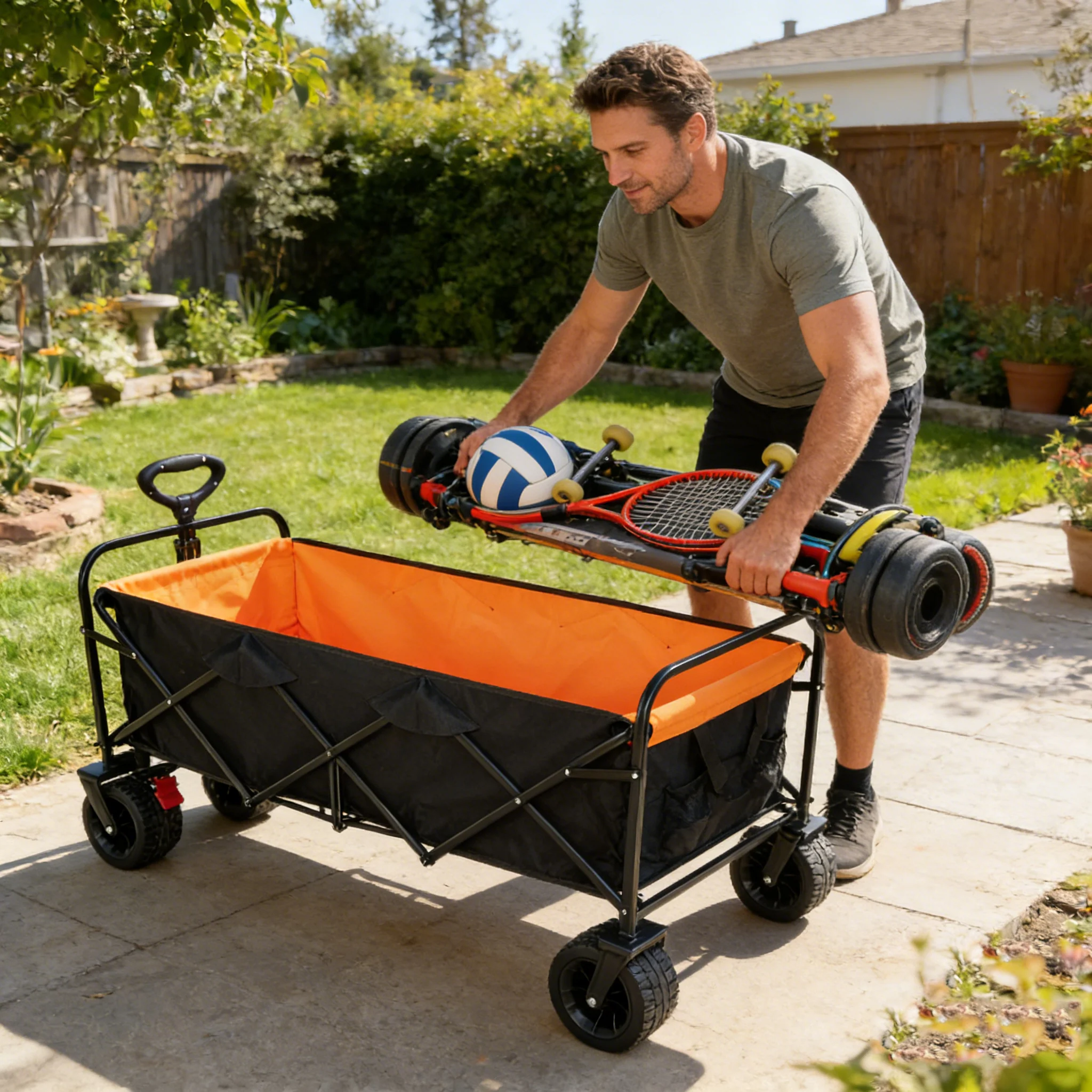 Big Large Capacity Folding Wagon Cart with Extender (Black + Orange) - Image 4