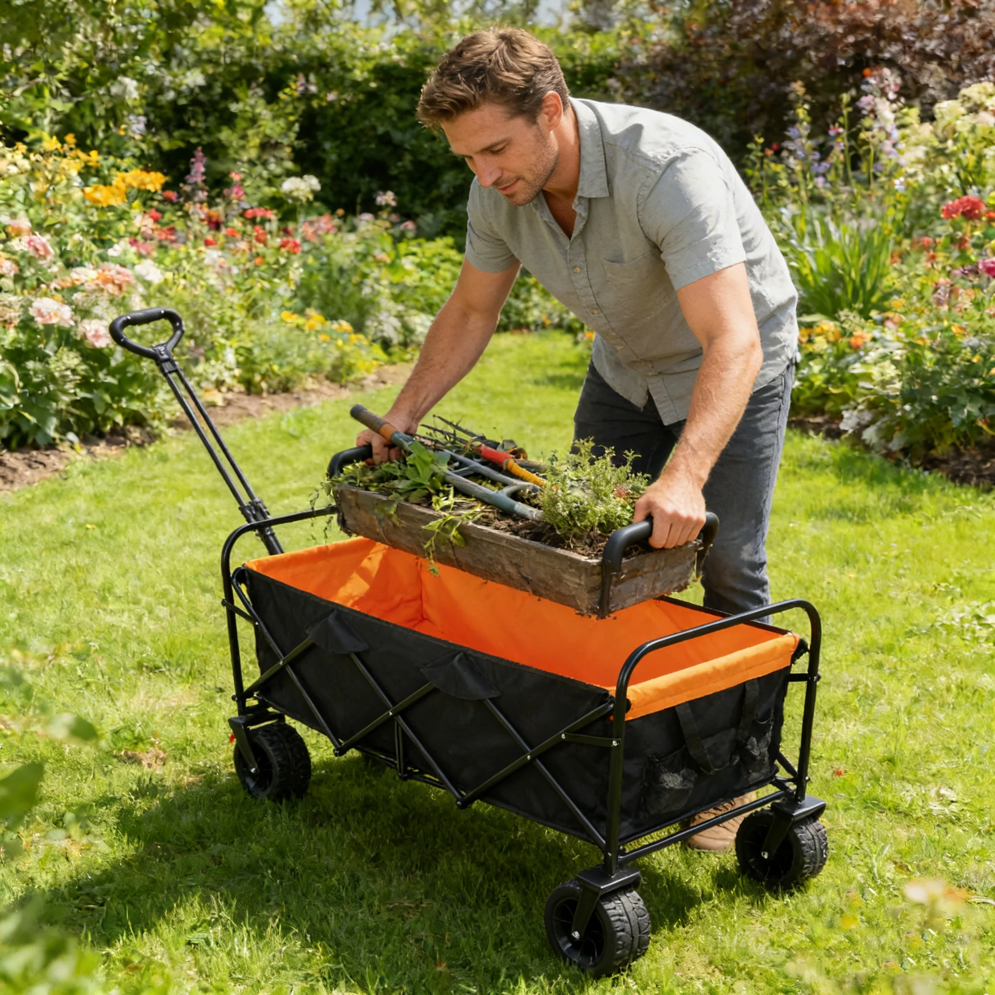 Big Large Capacity Folding Wagon Cart with Extender (Black + Orange) - Image 5