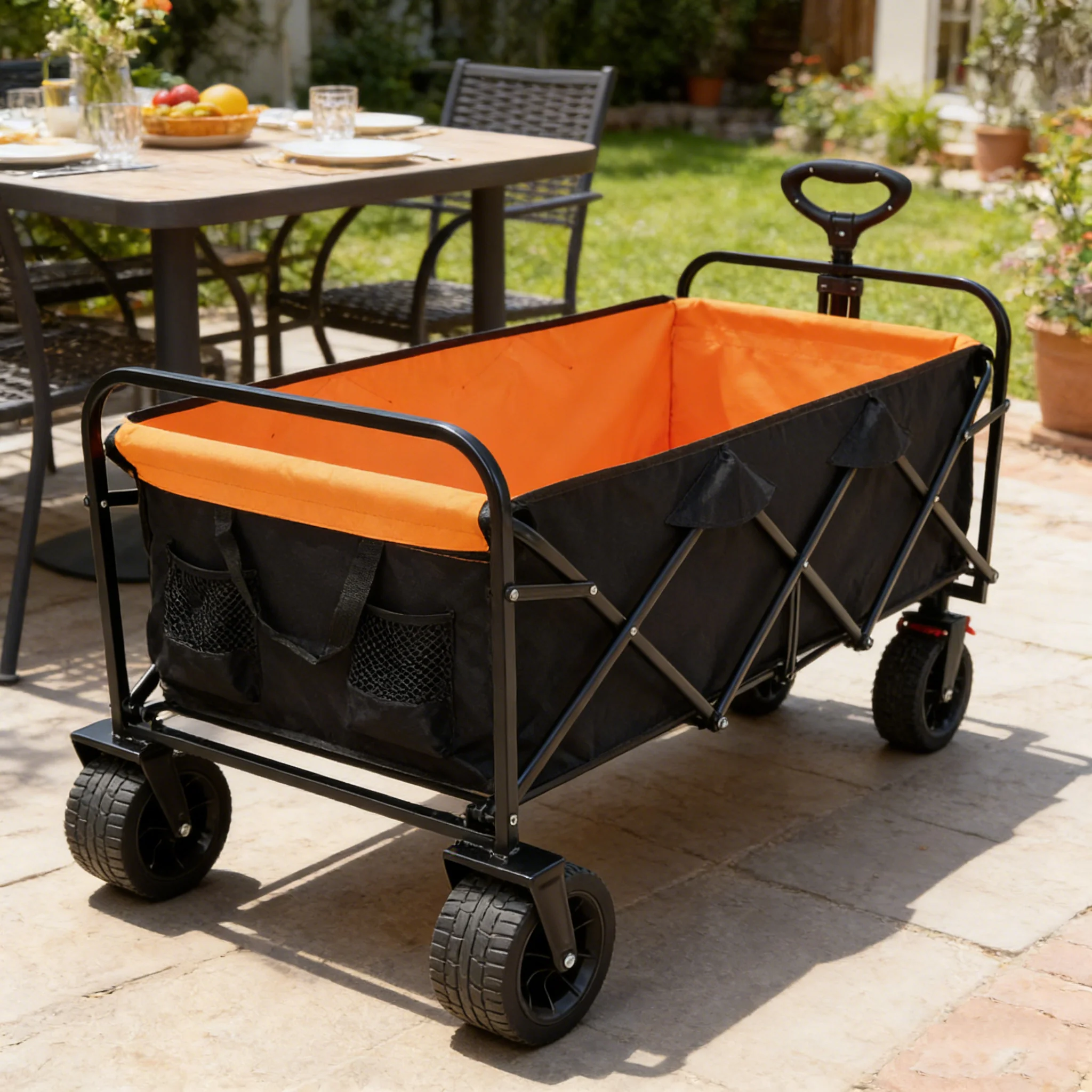Big Large Capacity Folding Wagon Cart with Extender (Black + Orange) - Image 6