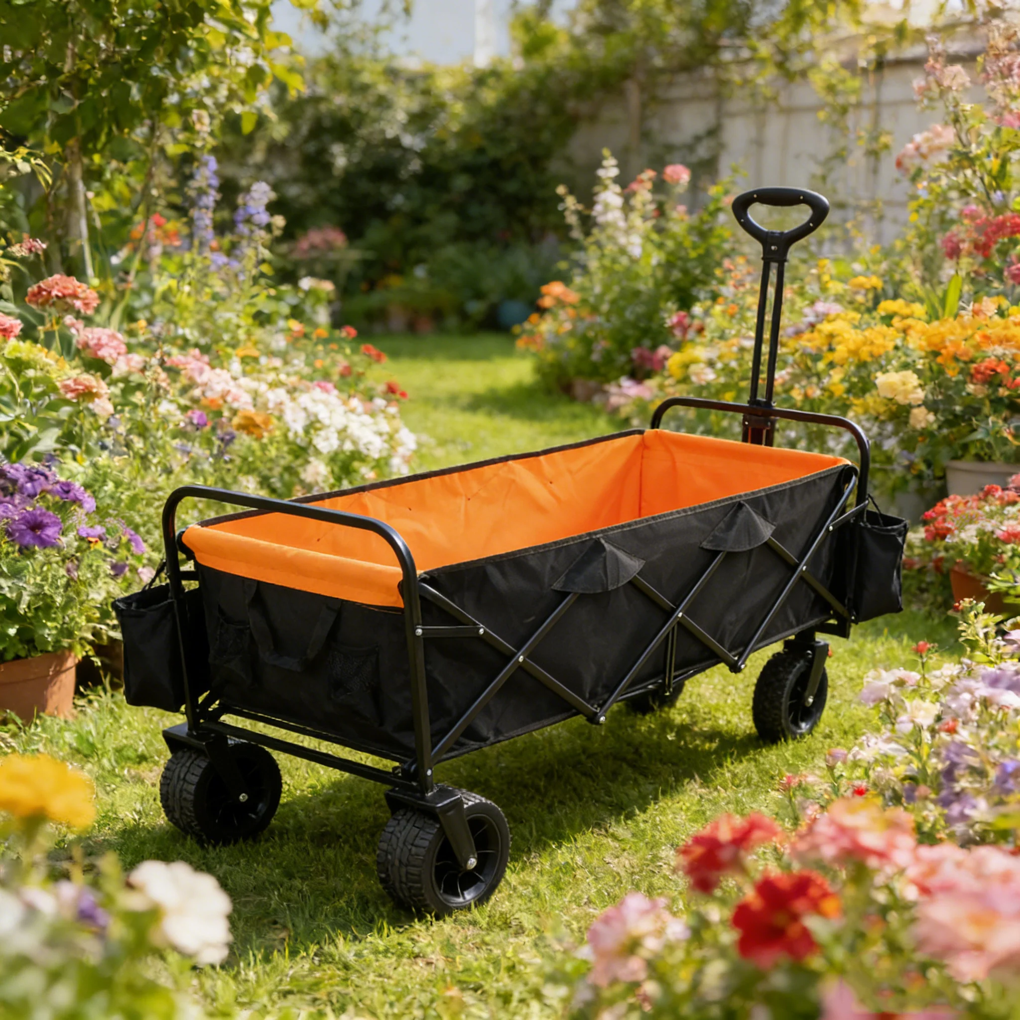Big Large Capacity Folding Wagon Cart with Extender (Black + Orange) - Image 7