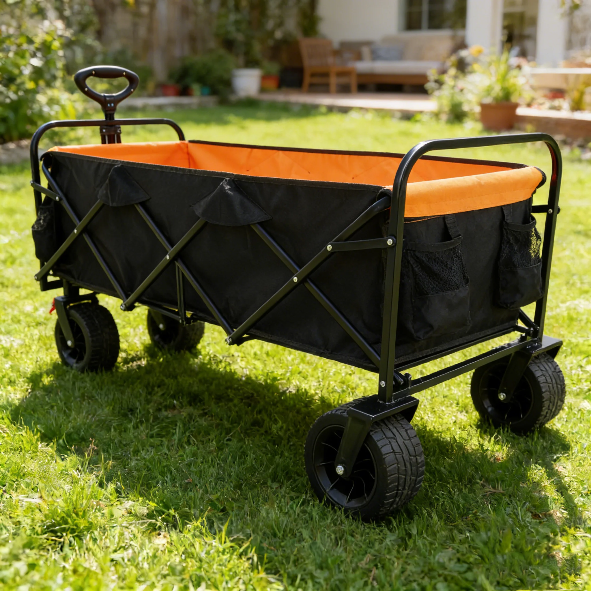 Big Large Capacity Folding Wagon Cart with Extender (Black + Orange) - Image 8