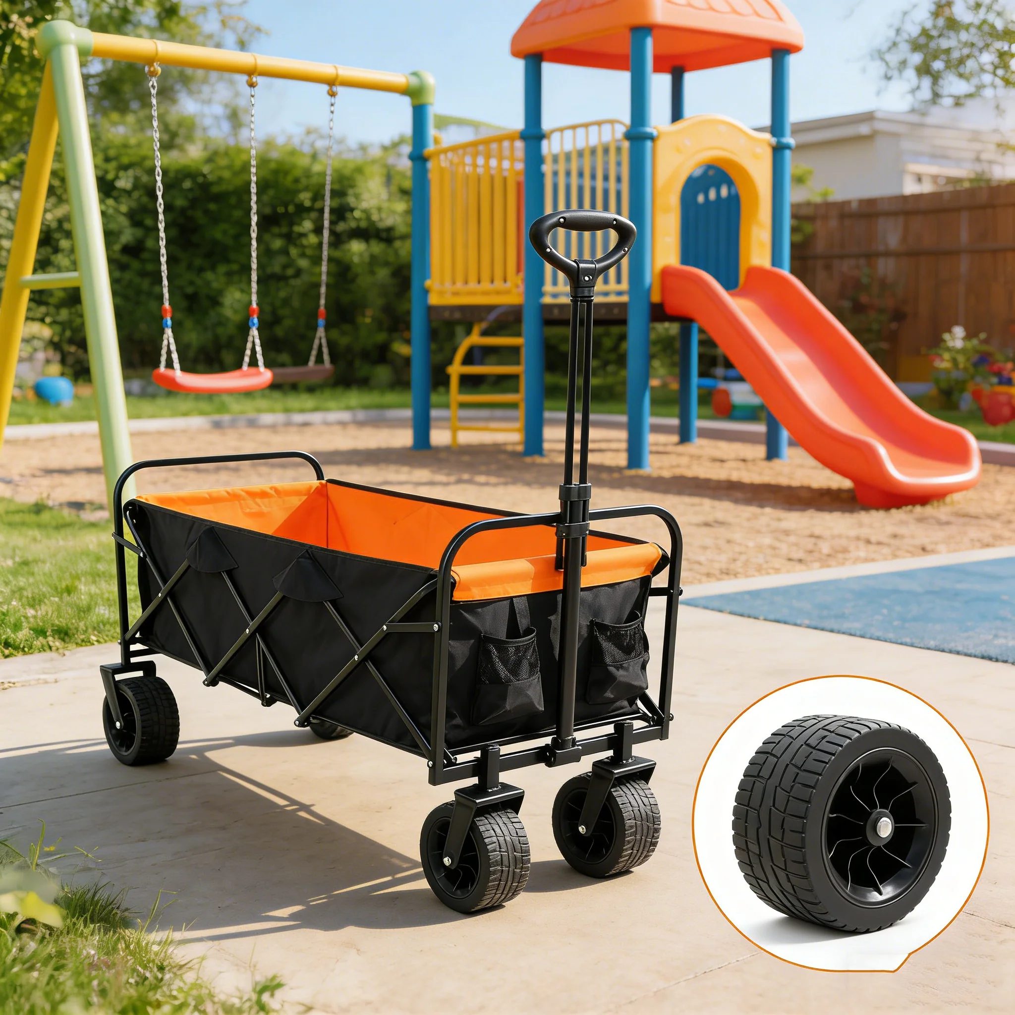 Big Large Capacity Folding Wagon Cart with Extender (Black + Orange) - Image 9