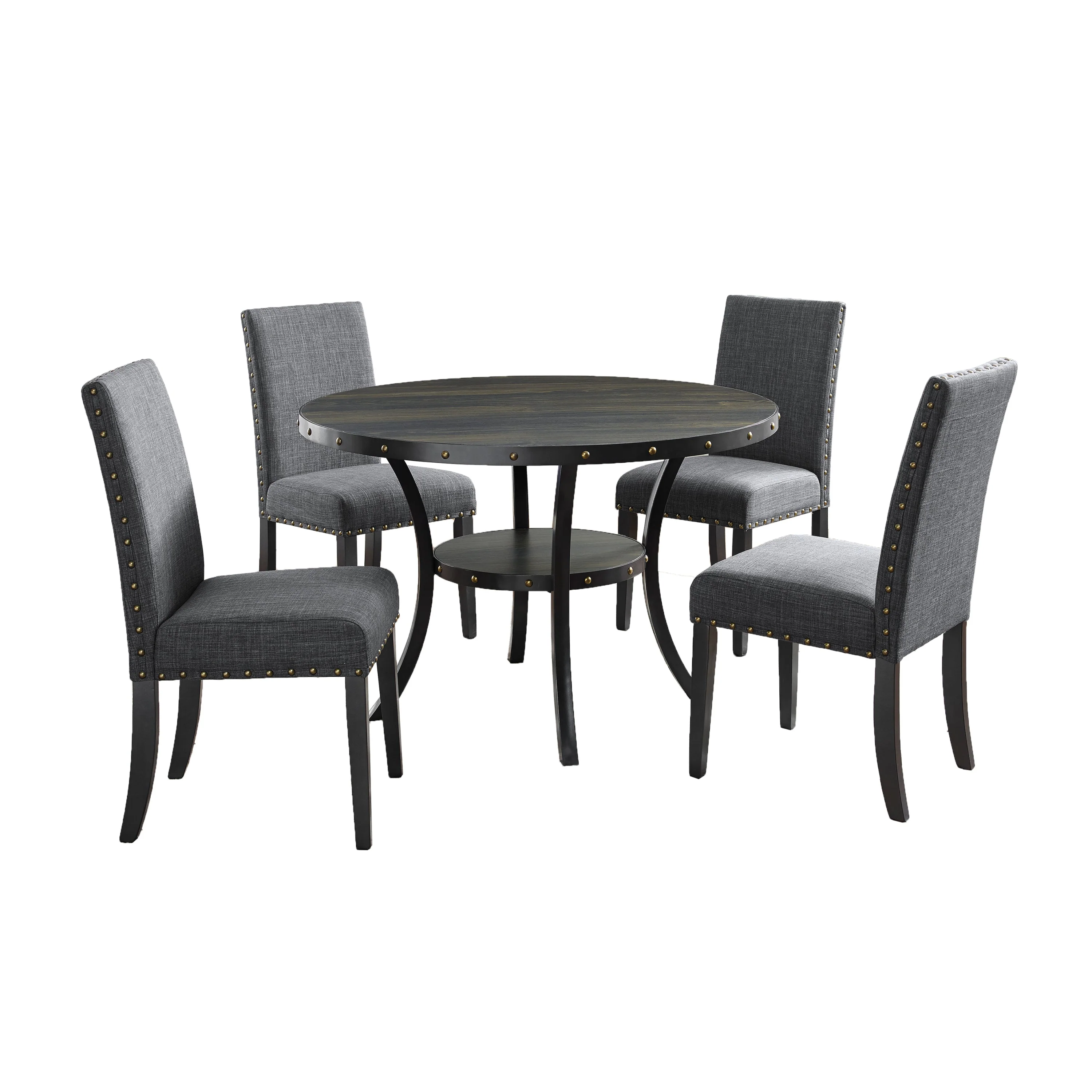 Biony Espresso Wood Dining Set with Gray Fabric Nailhead Chairs - Image 2