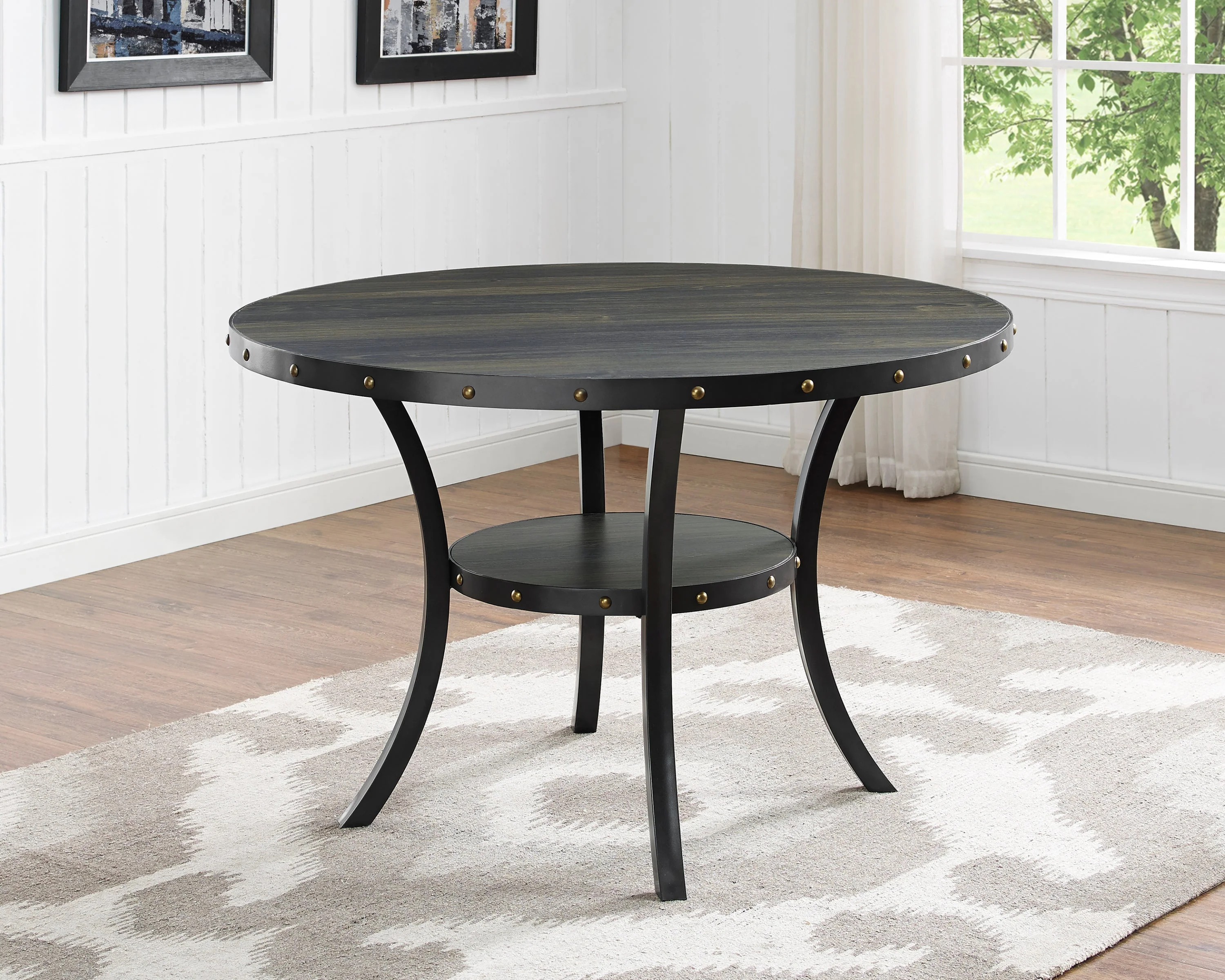 Biony Espresso Wood Dining Set with Gray Fabric Nailhead Chairs - Image 4