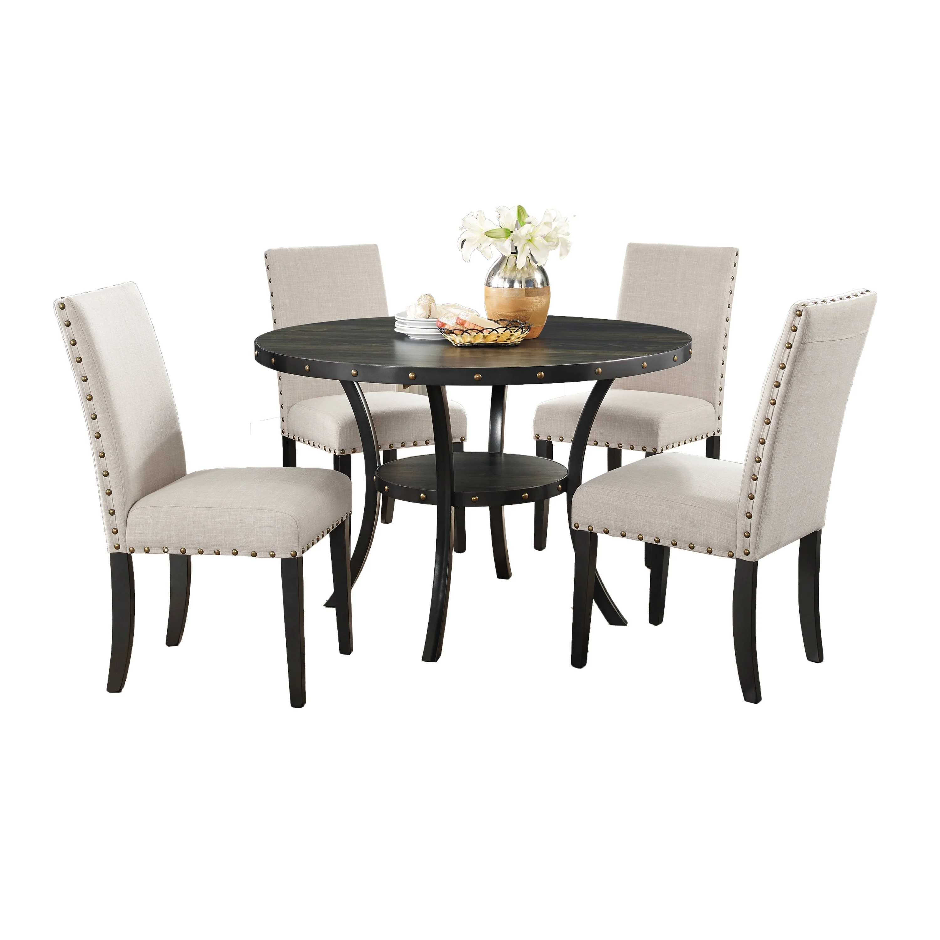 Biony Espresso Wood Dining Set with Tan Fabric Nailhead Chairs - Image 2