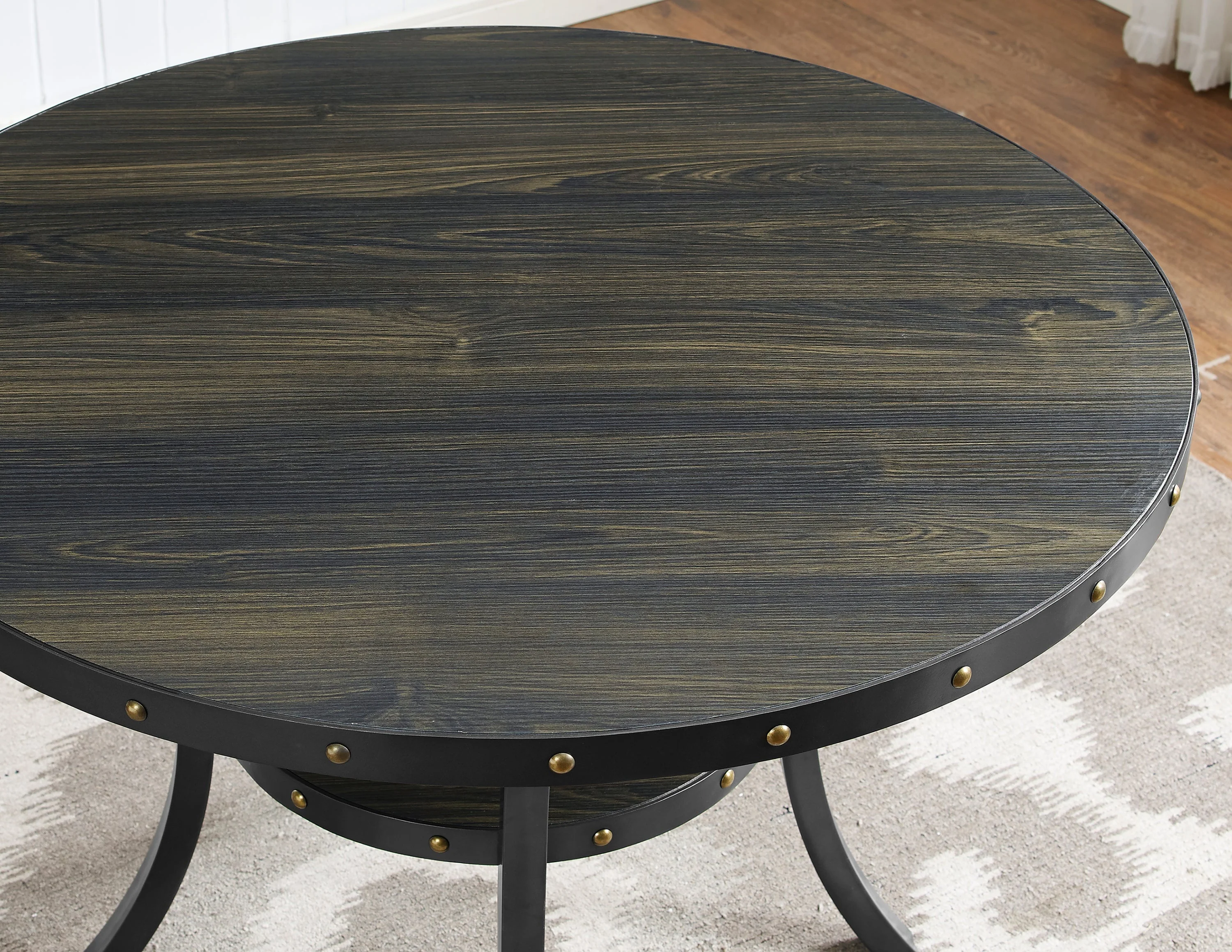 Biony Espresso Wood Dining Set with Tan Fabric Nailhead Chairs - Image 5